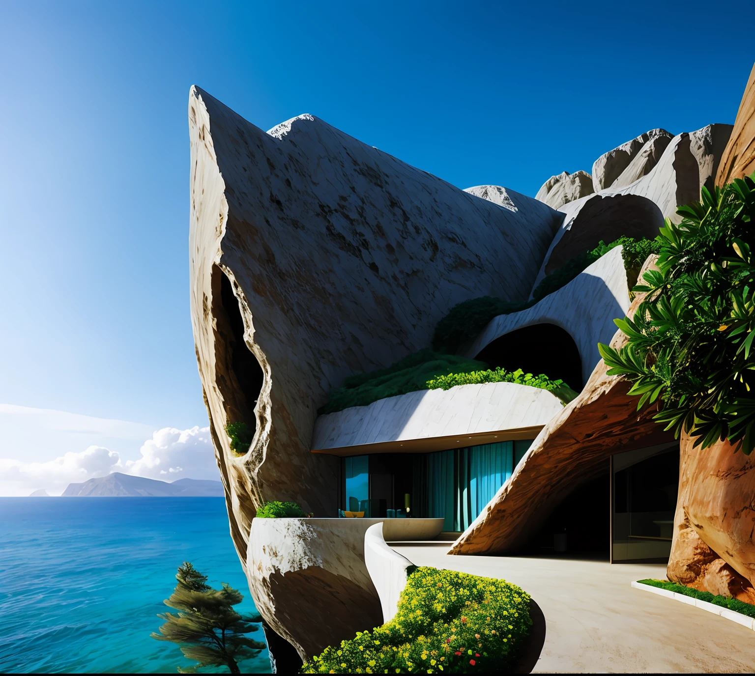 a modern futuristic design large cliff House's with a artificial waterfall and a pool in the middle, nature meets architecture, built around blue ocean, realistic beehive architecture, organic architecture, very close to real nature, breathtaking render, island with cave, stunning architecture, luxury architecture, realistic fantasy render, by Zha Shibiao, epic and stunning, architectural visualization, epic architecture, concept art. 8 k