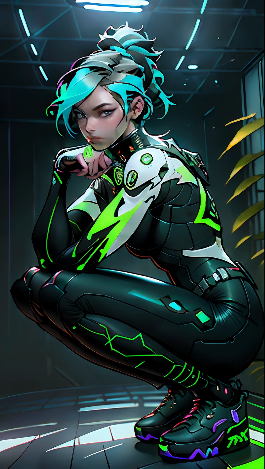 CyberpunkAI, neon, 1girl, elf, neon hair, neon eyes, ponytail hairstyle, black leather jacket