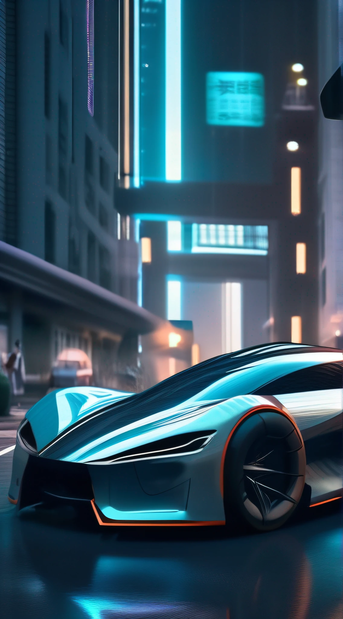 A futuristic sports car on the street of a futuristic city