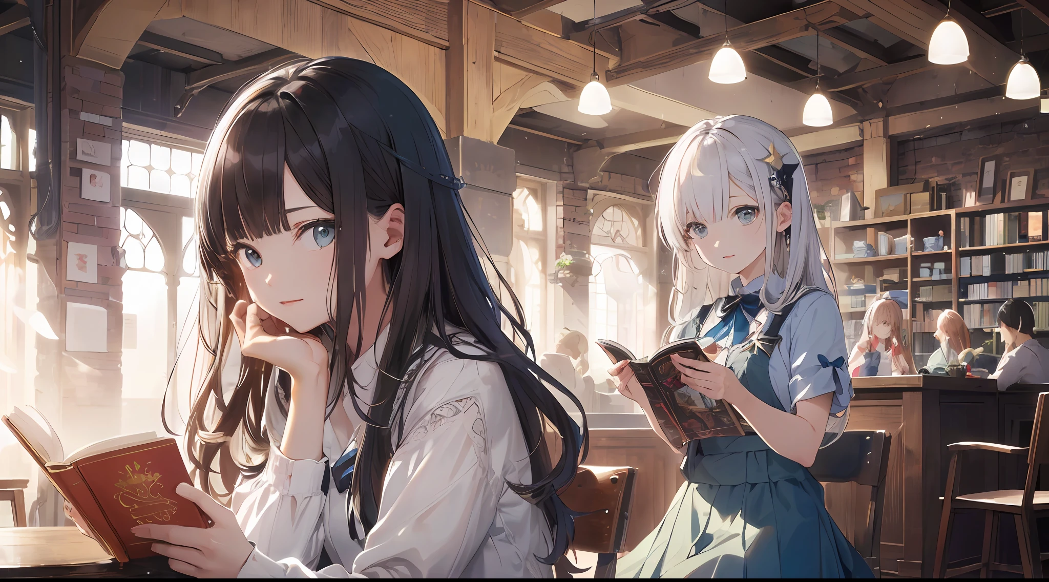 (beste-Qualit:1.5)、(ultra hyper-detailed:1.5)、(Highest Quality Photos:1.5)、Old café、Beautiful Girl High School Girl、a very cute、Crystal clear white skin、Obsessed with books、Particles of light、1 persons、Intelligent facial expressions、Nostalgia hobby、nostalgia、