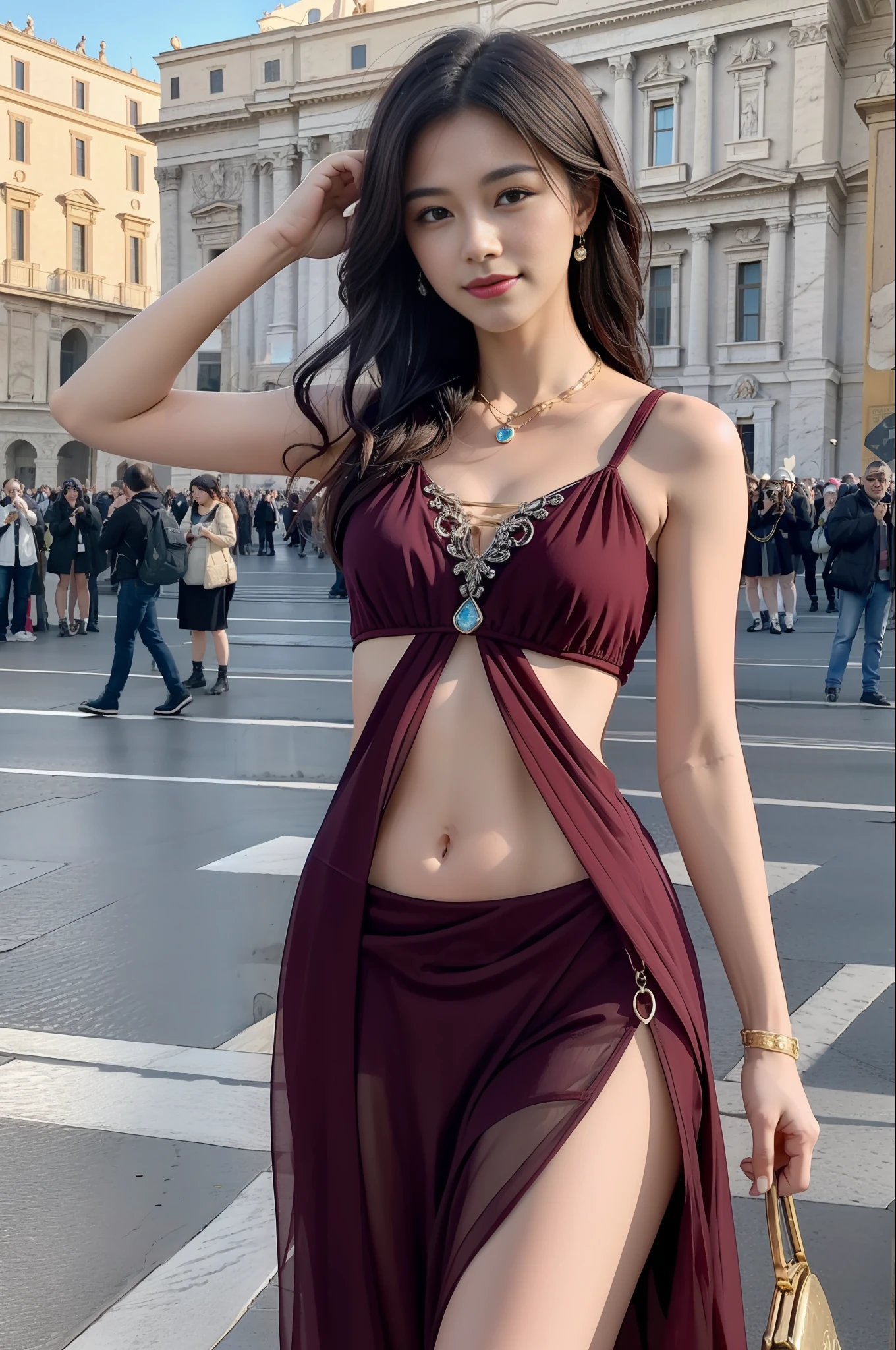masterpiece, 4K, best quality, FELute, necklace, purple dress, (on the St. Peter's Square of Vatican,crowd,navel),bracers, cowboy shot, looking at viewer, smirk, hand up