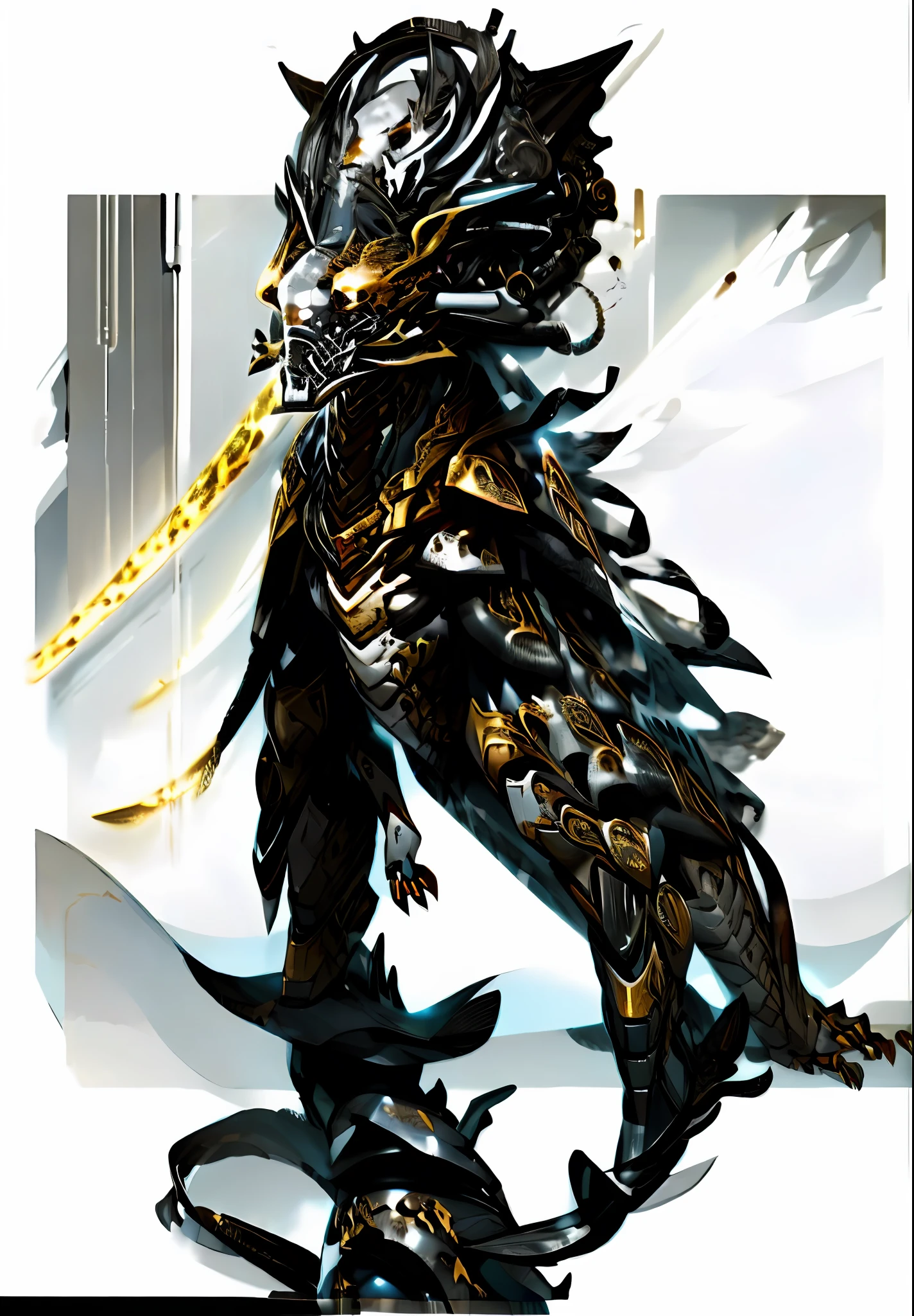 a drawing of a dragon with a sword and a dragon head, a humanoid thistle monster, full body savage devilman, and its Berserk Beast skin art, full body dragon concept, metal art, inspired by Ian Miller, detailed full-body concept, inspired by Arthur Adams, cell shaded anime intricate, Ultra-detailed animal art, Strong art of flesh and blood,Metallic skin texture,