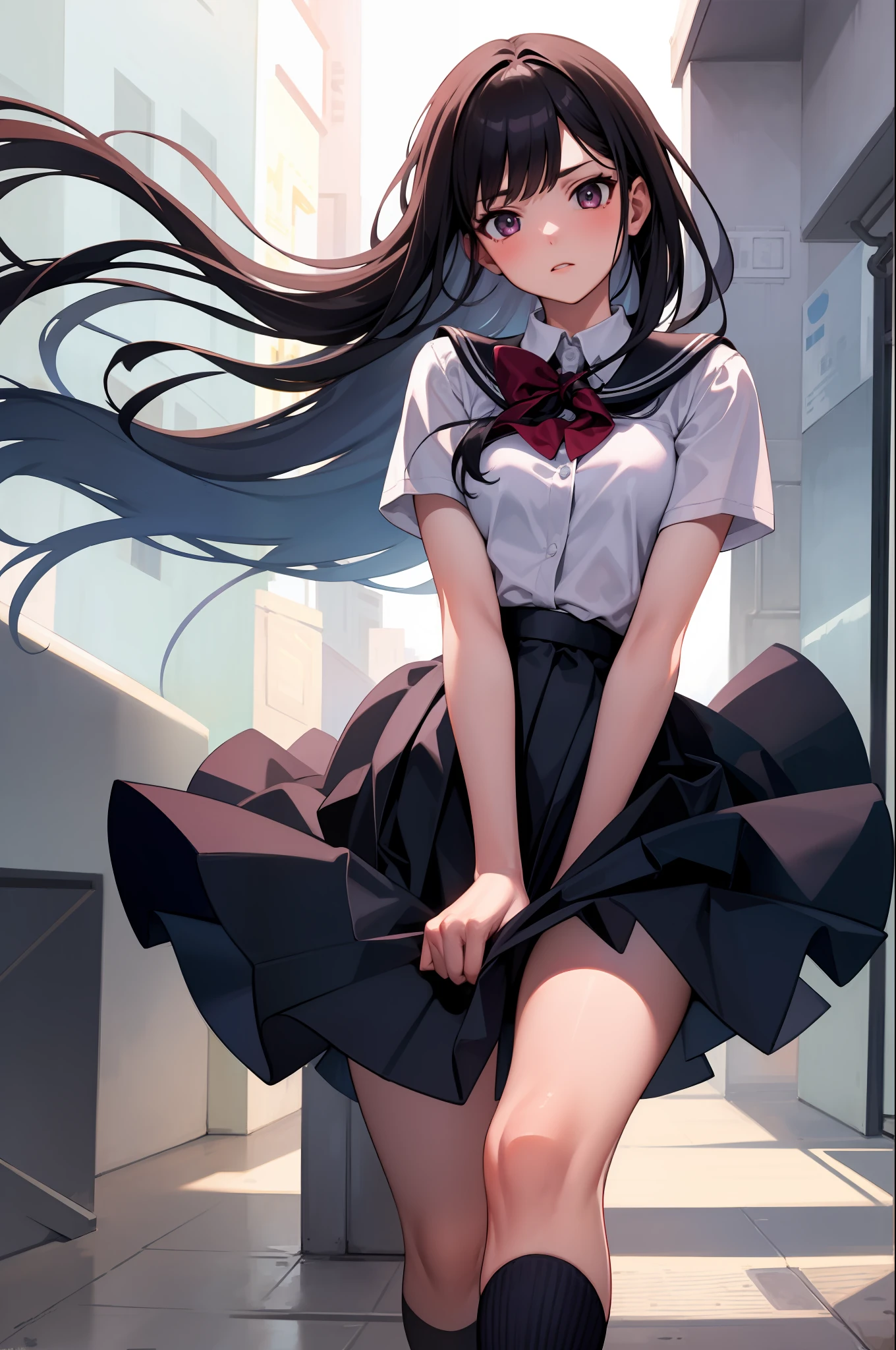 1girl, clothes tug, school uniform, wind, skirt tug,
rooftop,, masterpiece, best quality, highly detailed