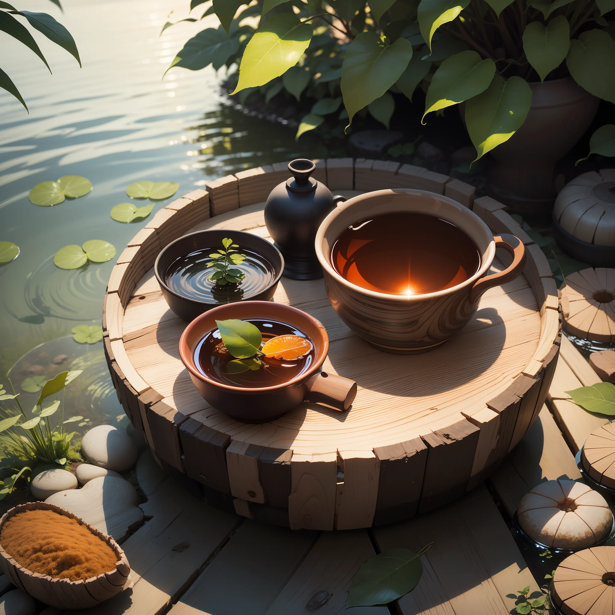 (Transparency:1.2),((masterpiece:0.9)||(best quality:0.9)),The foreground is clear tea,The background can be woods or crystals,Extremely transparent,Light and shadow express layering,Special light effect at sunset,more luminous。