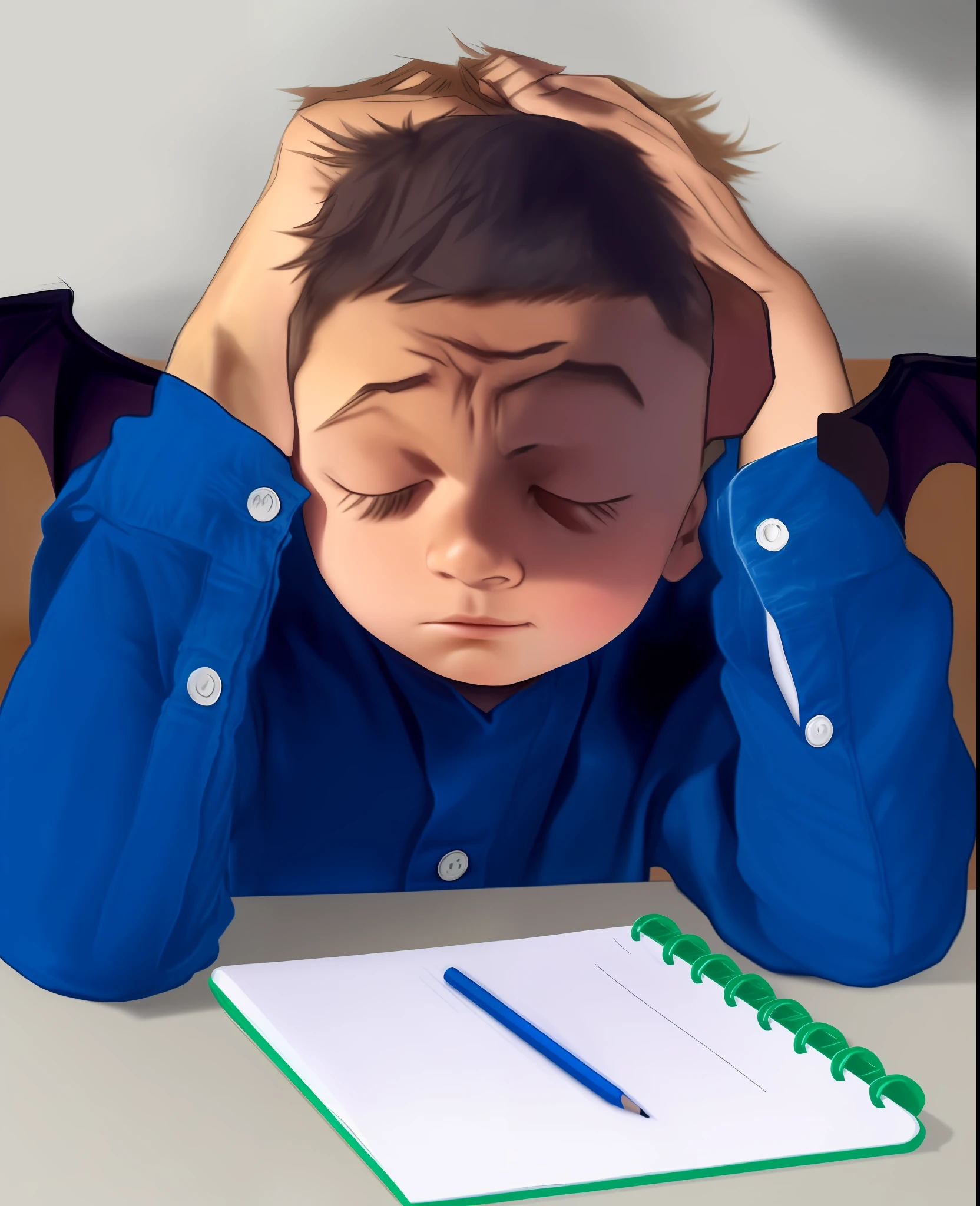 arafed boy sitting at a table with a notebook and a pencil, trying to study, tired haunted expression, studying, tired and haunted expression, woody\'s homework, frustrated detailed, student, avatar image, facepalm, trying to read, studious, worried, dramatic bored expression, one blue ) and huge bat ears, tired expression, demon boy, sleepy expression