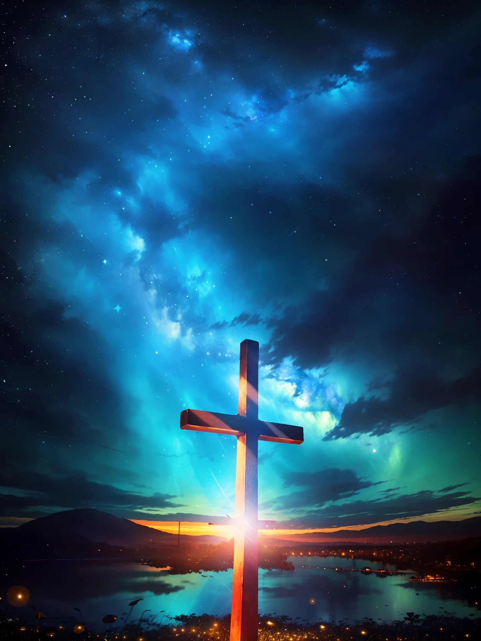 Night,Starry night,Beautiful starry sky,Vast night sky,Starry sky in the dark night,Stars glowing brightly,A magnificent cross stands on the top of the hill