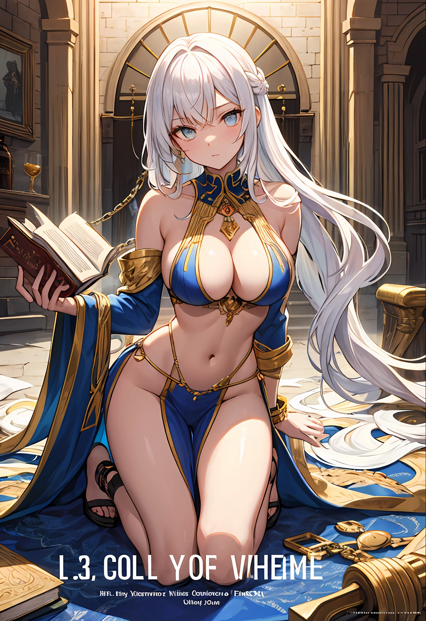 {{Best Quority}}， art cg， {{hyper detailled}}， {{illstration}}， astonishing， finedetail， extremely details CG， Beautiful detail glow， art book，white color hair， Original， cinmatic lighting， perfectly shaded， realistic lighting shaded， （2 Middle Eastern skin color）， Kneel down，Thighs are spread apart， {{{Dark skin}}}，Slender，shinny hair， （glistening shining skin）， chain， collars， Bind your hands， handcuff， Tags on the body， Medieval streets （magazine：1.3）， （Cover style：1.3）， lo fashion， perverted woman， Full of dynamism， PWattire， posando， The front， rich colourful，a backdrop of， element in， confiante， expresive， halter， statement， Accessories， An majestic， coil， ao redor， tocar， Scenes， text， cover page， Bold， attention-grabbing， titles， lo fashion， typeface， Catchy， titles， Bigger， attention-grabbing， Quaint， lo fashion，