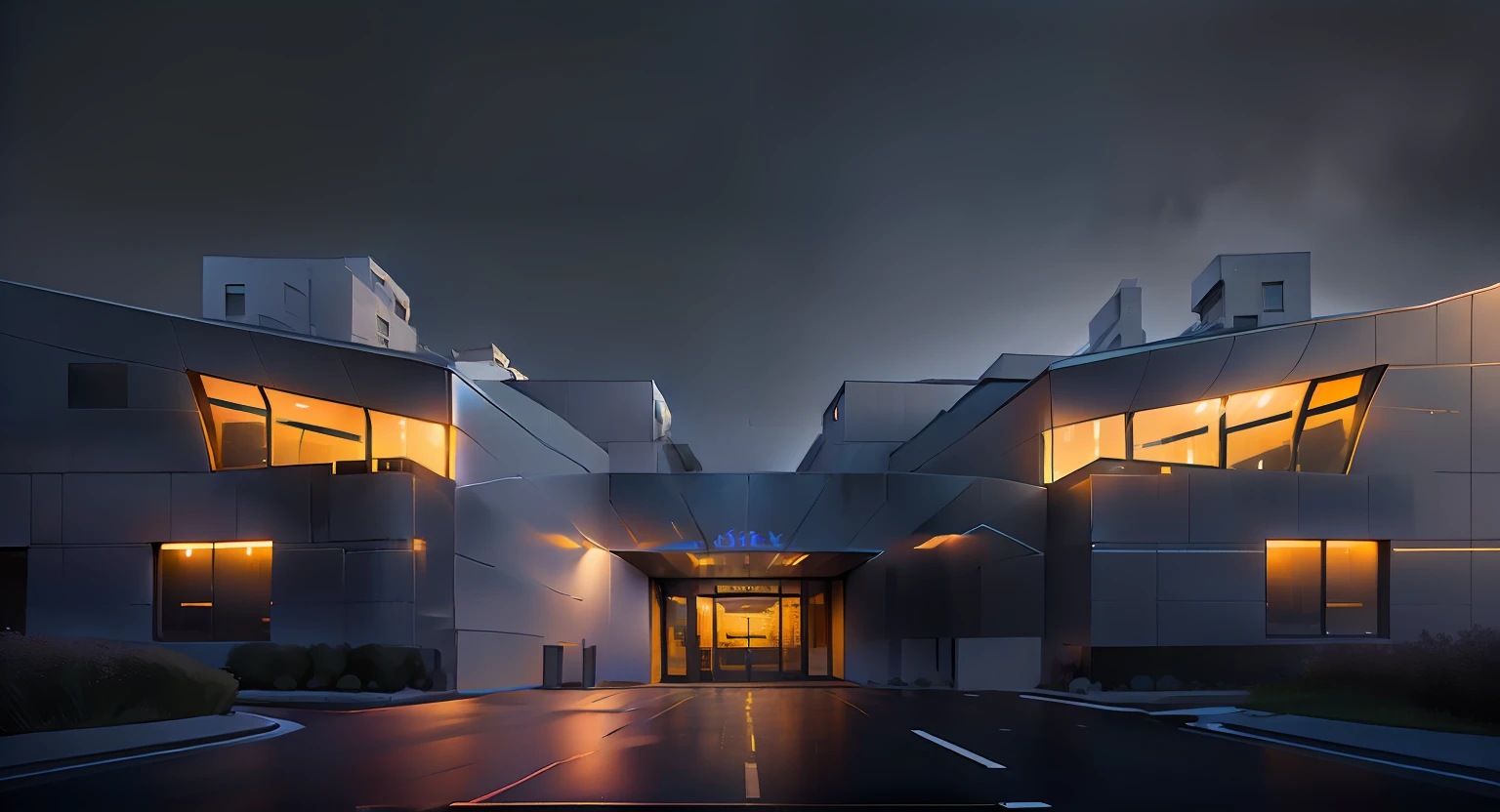 There is a building,There are a lot of windows, the night,cyberpunked,external view, the front view, building facing, Office building, the front view, allure, exterior wide shot, modern technology building, seen from outside, full building, private academy entrance, view from ground, low angle wide shot, a middle-shot from front