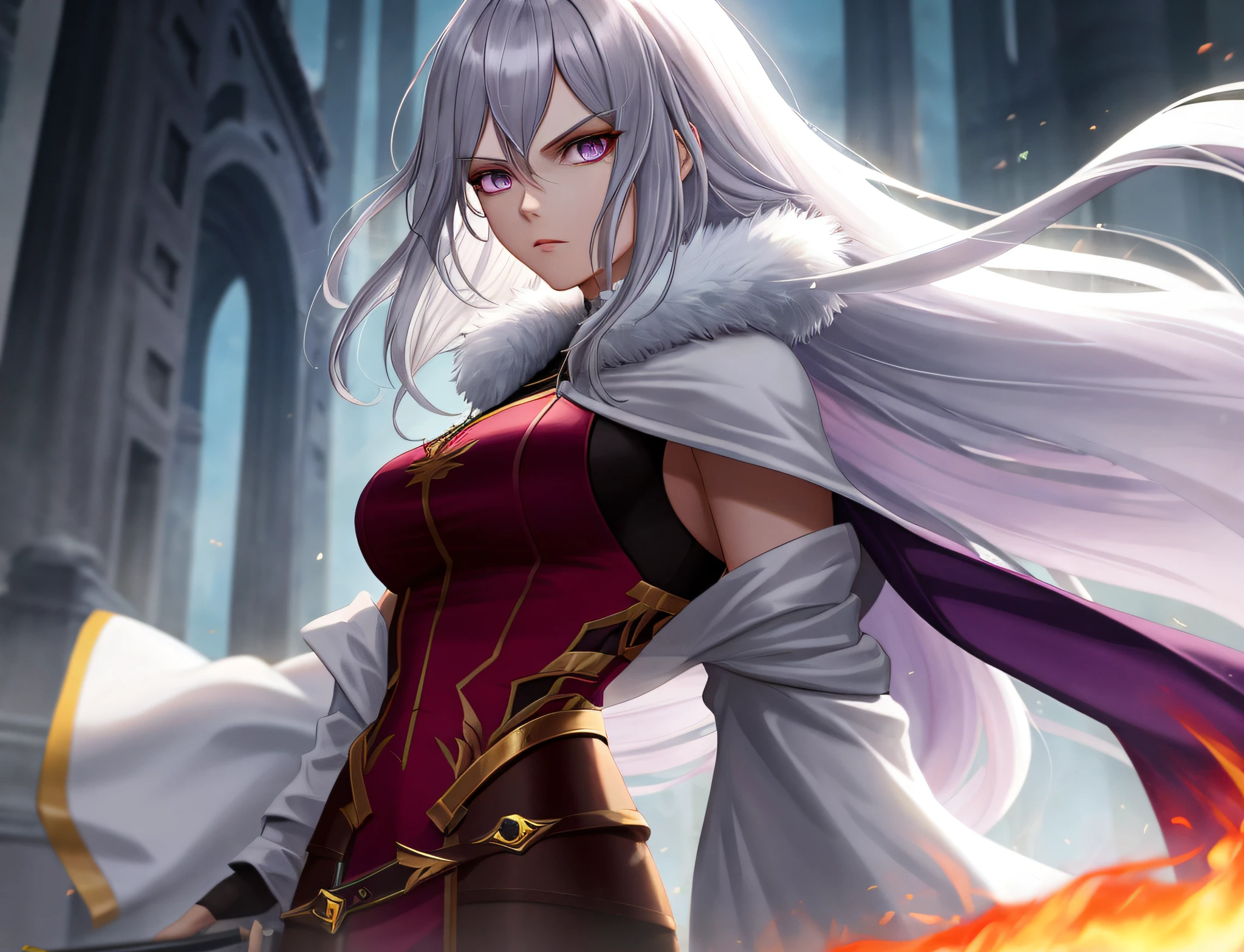 epic fantasy art, female, long white hair, grayish-purple eyes, white majestic robes, holding a fan, menacing, beautiful, majestic, cinematic, dramatic