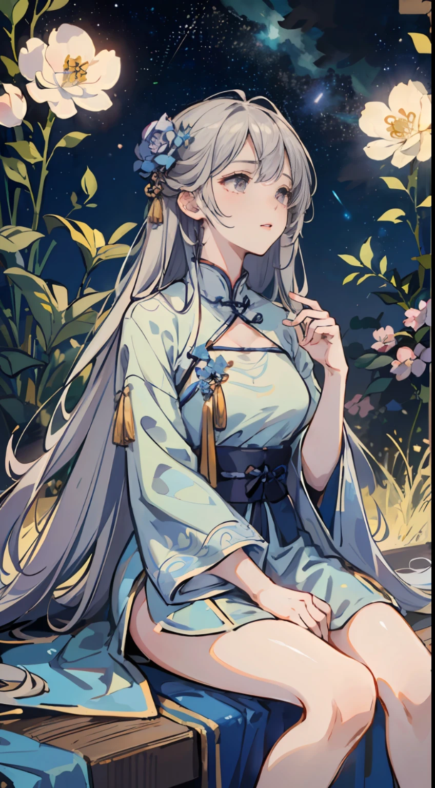 Starry sky, long silver hair, fluttering in the wind, light blue Chinese style Han dress, hands caressing cheeks, (sitting), (looking up at the starry sky), ((8K resolution, master works, shocking composition, full body photo))) starry sky, endless flowers and trees