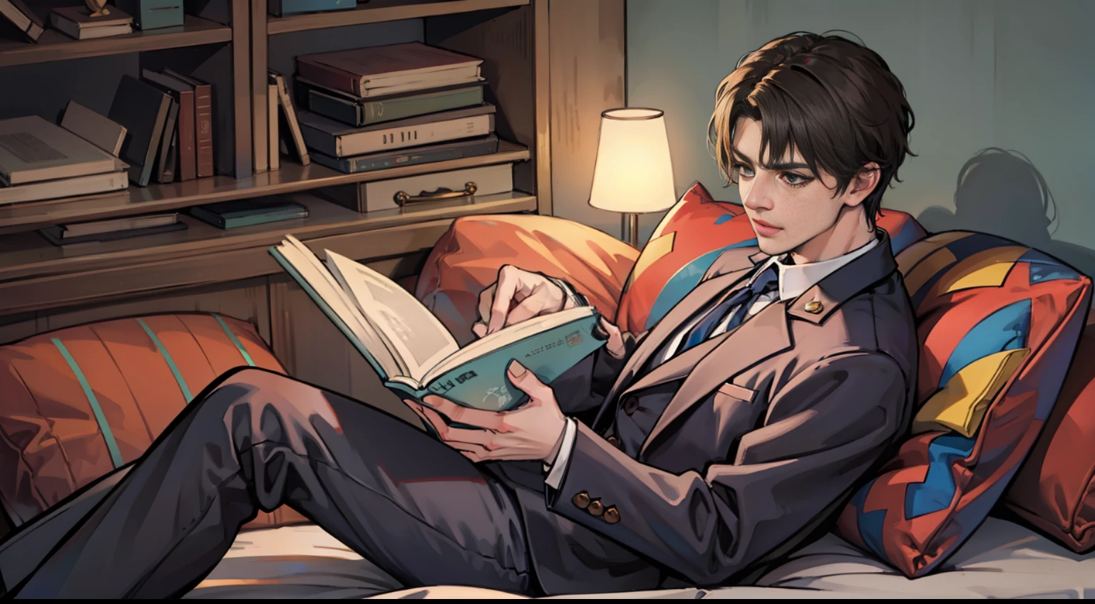 A man reads a novel seriously in bed