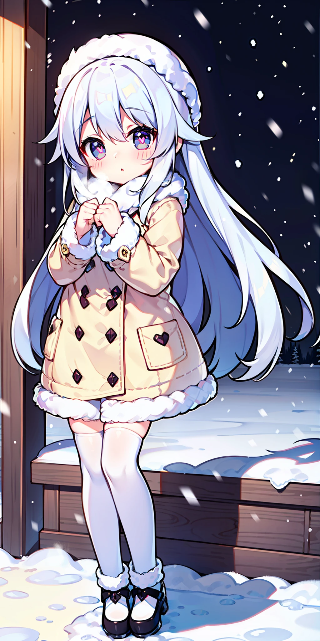 Loli, long hair, cute, heart-shaped pupils, solo, white hair, blush, winter, snow, outdoors, white stockings, standing