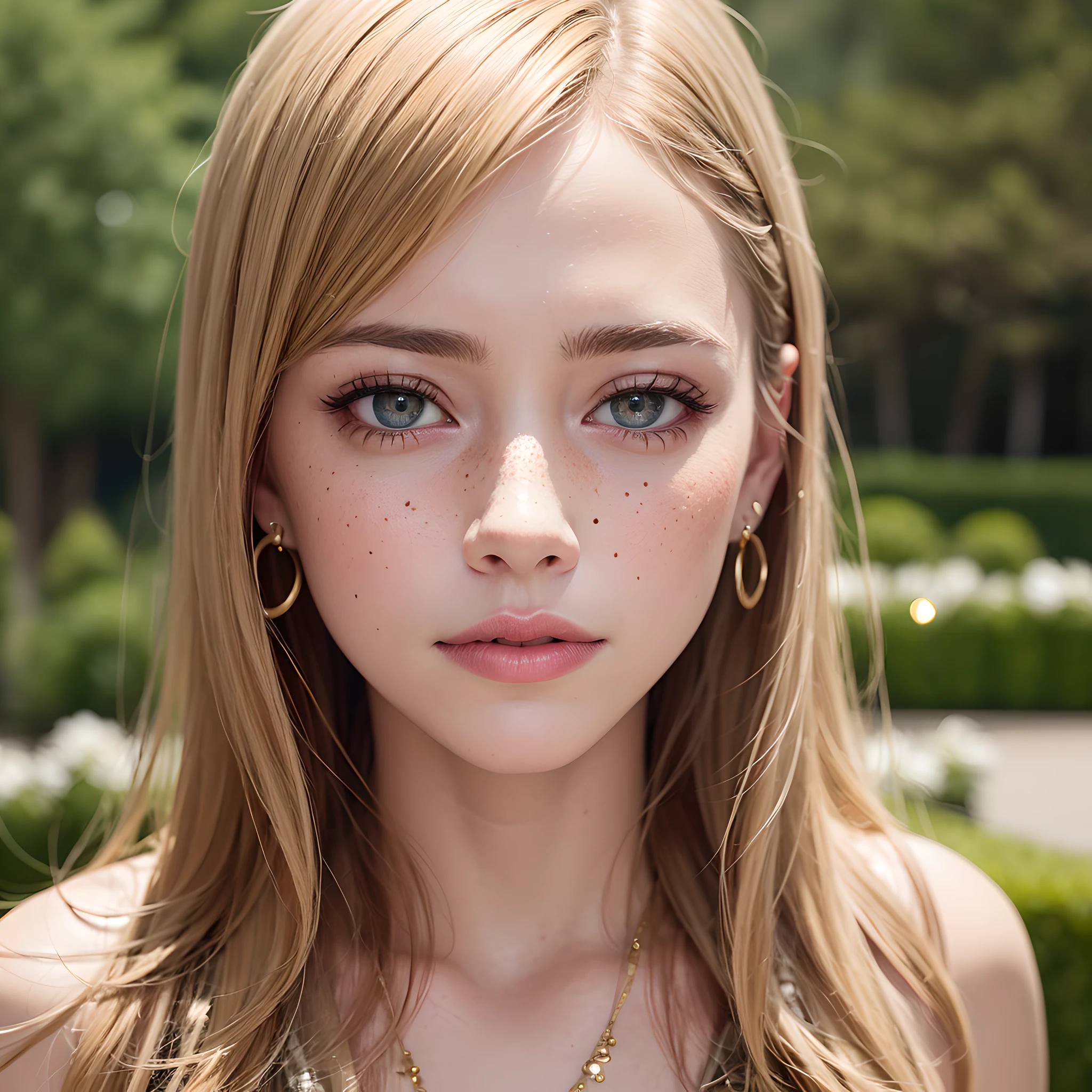 (Masterpiece, Superb Quality, Super Delicate, High Resolution), Female Focus, best quality, expressive eyes, perfect face, hyper realistic, ultra detailed photograph of a woman mix of Sienna Miller and Amber Heard, gold jewelry, light amber eyes, sunlight details, depth of field, HOF, hall of fame, detailed beautiful face, spring environment, posture natural body, professional photographer, captured with professional DSLR camera, trends on Artstation, 64k, intricate, ultra detailed, ultra precise detailed, bokeh lighting, photo realistic, Whimsical Garden background, cascades, balcony, breathtaking, springtime, ultra unreal engine, WLOP, intricate, epic, freckles, peach fuzz, detailed mascara, --auto