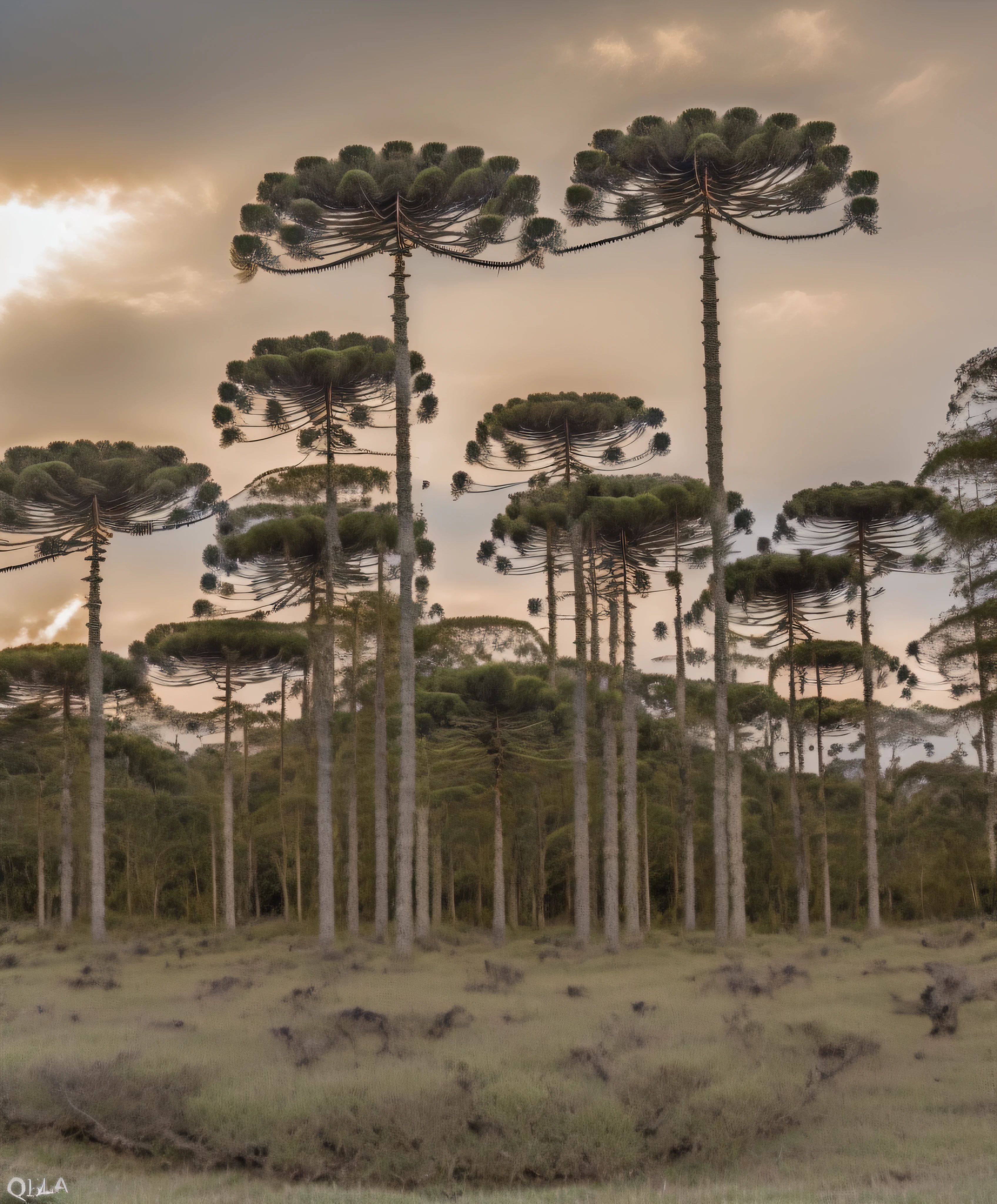 Foto RAW, DSLR, gentle illumination, alta qualidade, obra-prima, melhor qualidade, fotografia de alta qualidade, Bokeh,,
araucaria, Prehistoric forest