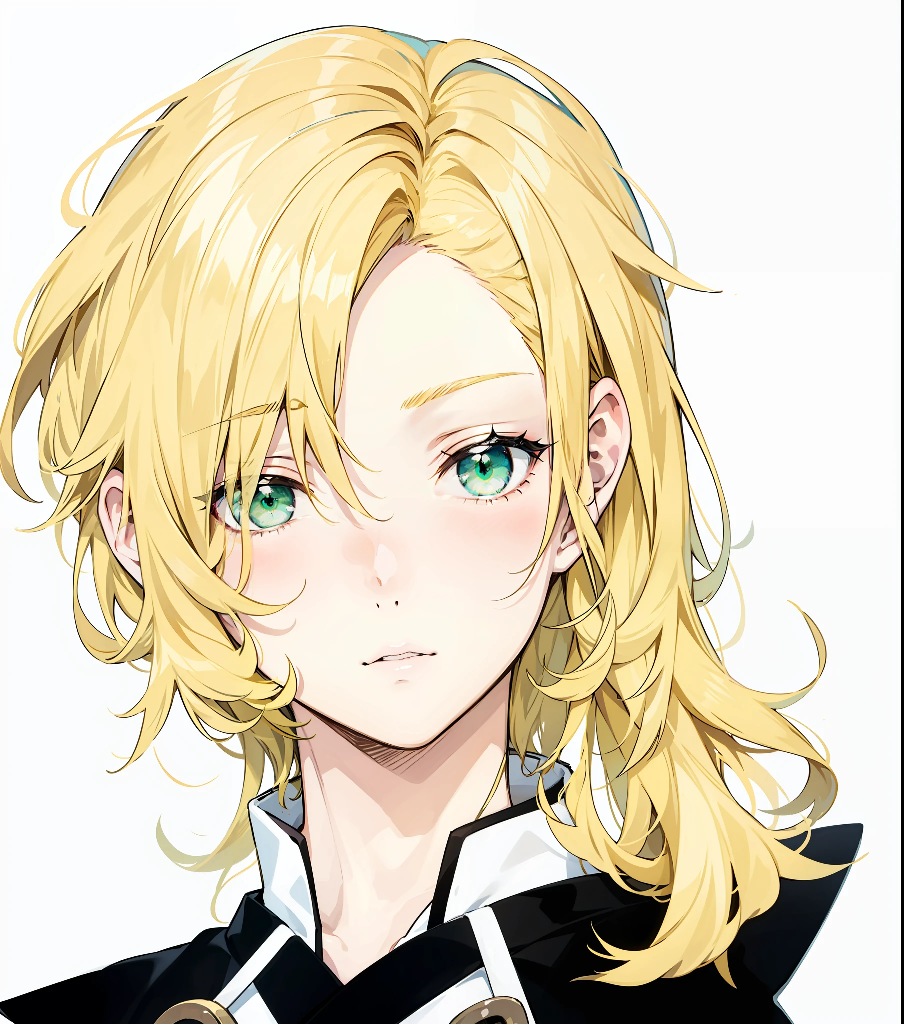 Beautiful boy with blonde hair and green eyes,In a Japanese anime style,Flat coating,Black tops,Hair with curls