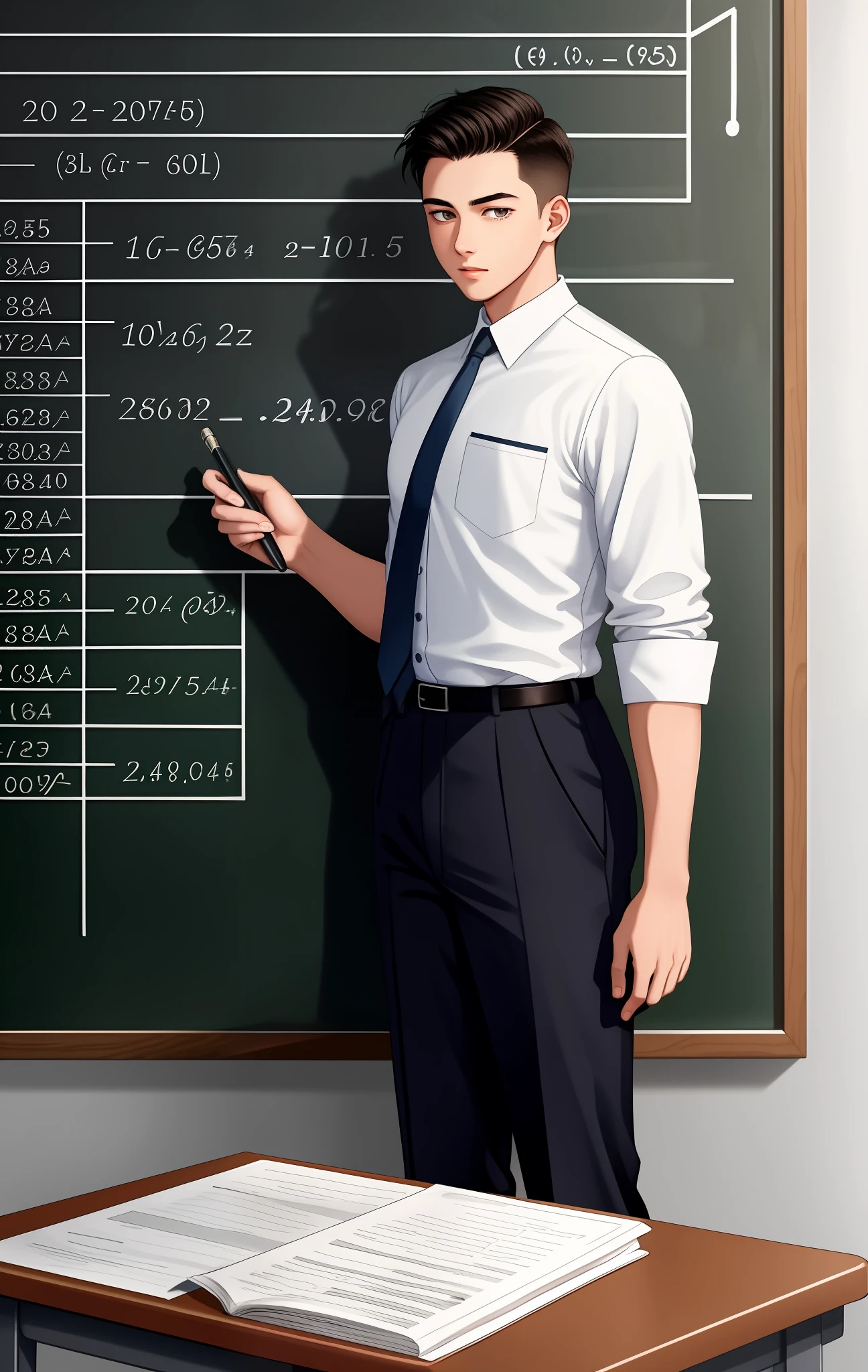 A young man, 25 anos, wearing a vest and a dress shirt with rolled-up sleeves, wearing slacks, 1940s, teaching at a university with a huge chalkboard with calculations on the board