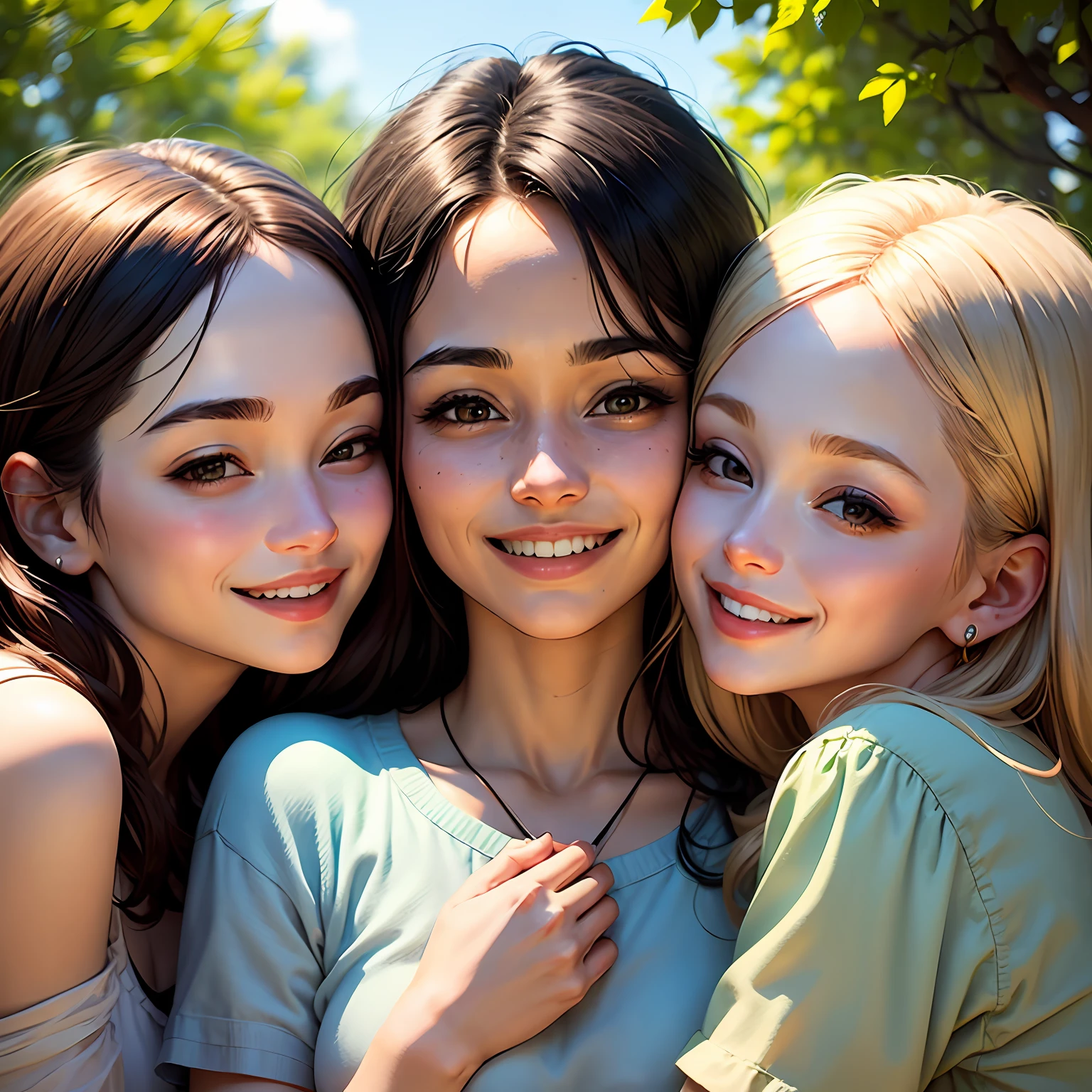 ((Best quality, masterpiece)), three lifelong friends, warmly embracing, smiling ear-to-ear, surrounded by lush greenery and a crisp blue sky, basking in the sunshine of a perfect day. --auto