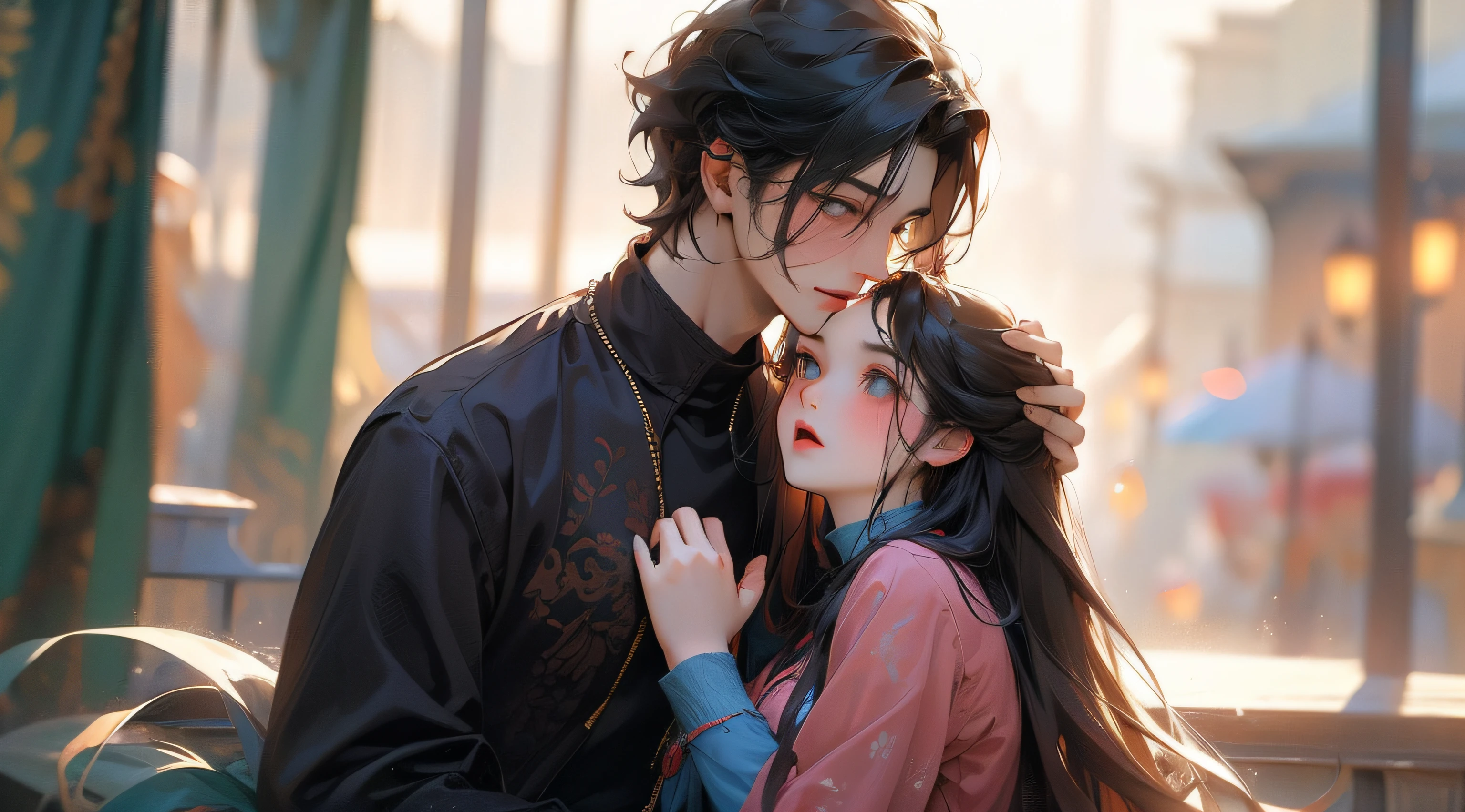 1 boy and 1 girl,The girl grabbed the boy's neck,The two face each other
