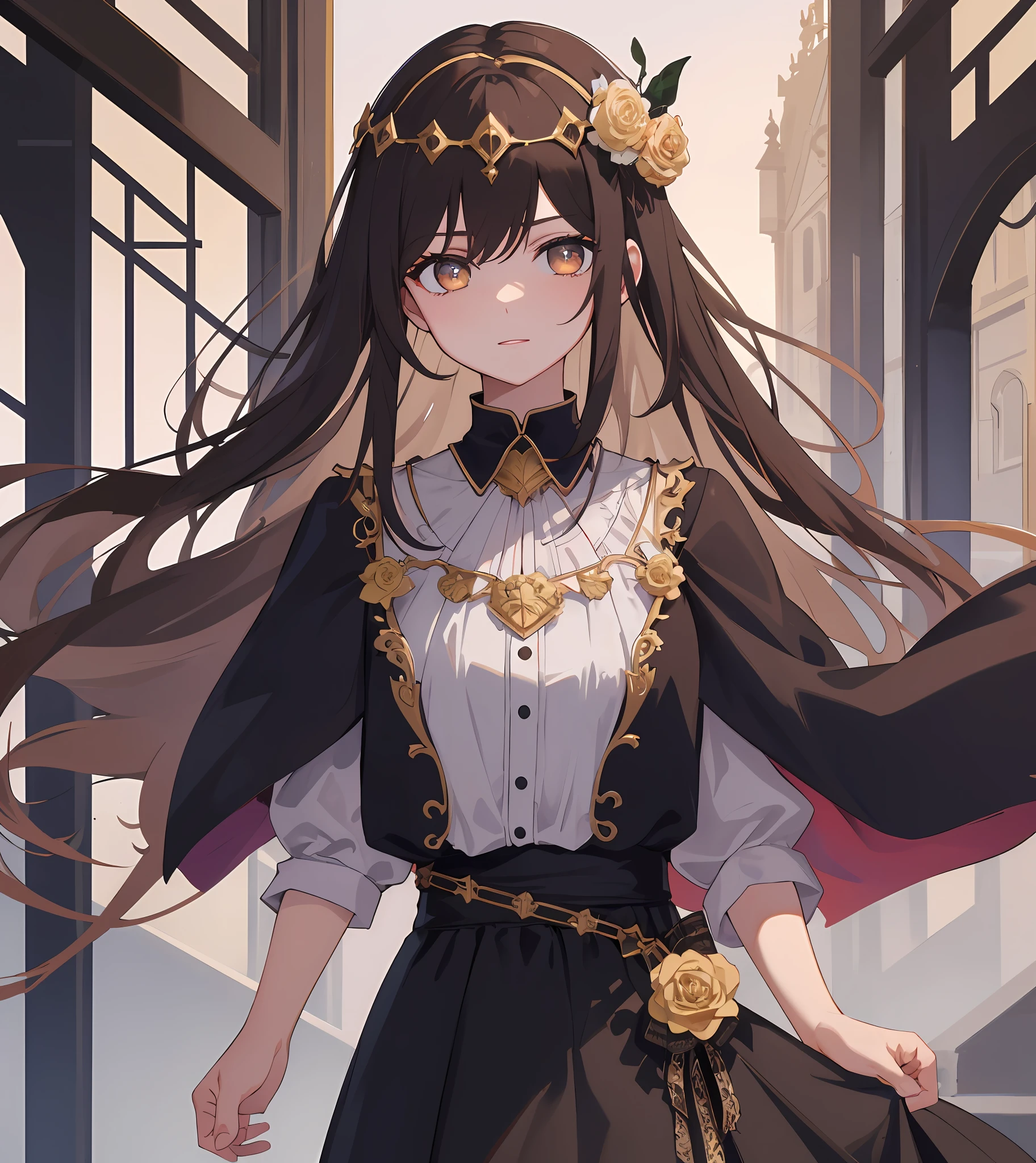 Masterpiece quality,The best quality assurance。A brown hair、Cute girl with golden eyes。She looks very arrogant,Wearing a short Gothic skirt,Exudes magic,With a rose headdress,English-style top,Long hair flutters in the wind,Playful and cute
