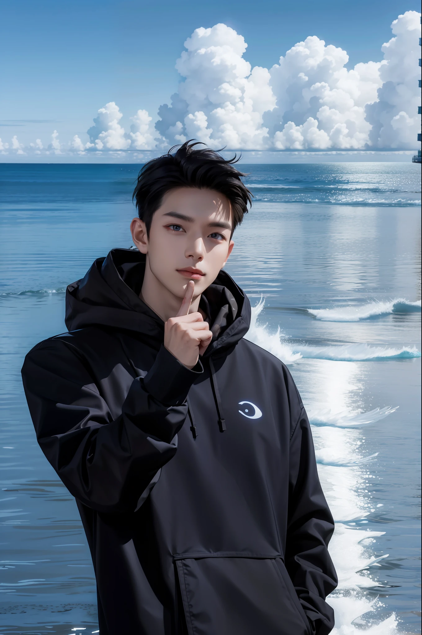 (absurdres, highres, ultra detailed), 1boy, handsome, very short hair, complex pattern, detailed face, best ratio four finger and one thumb, upper body, casual clothes, oversized hood, ocean background, many birds, blue sky full of extremely brilliant clouds, sparkling horizon, glittering debris