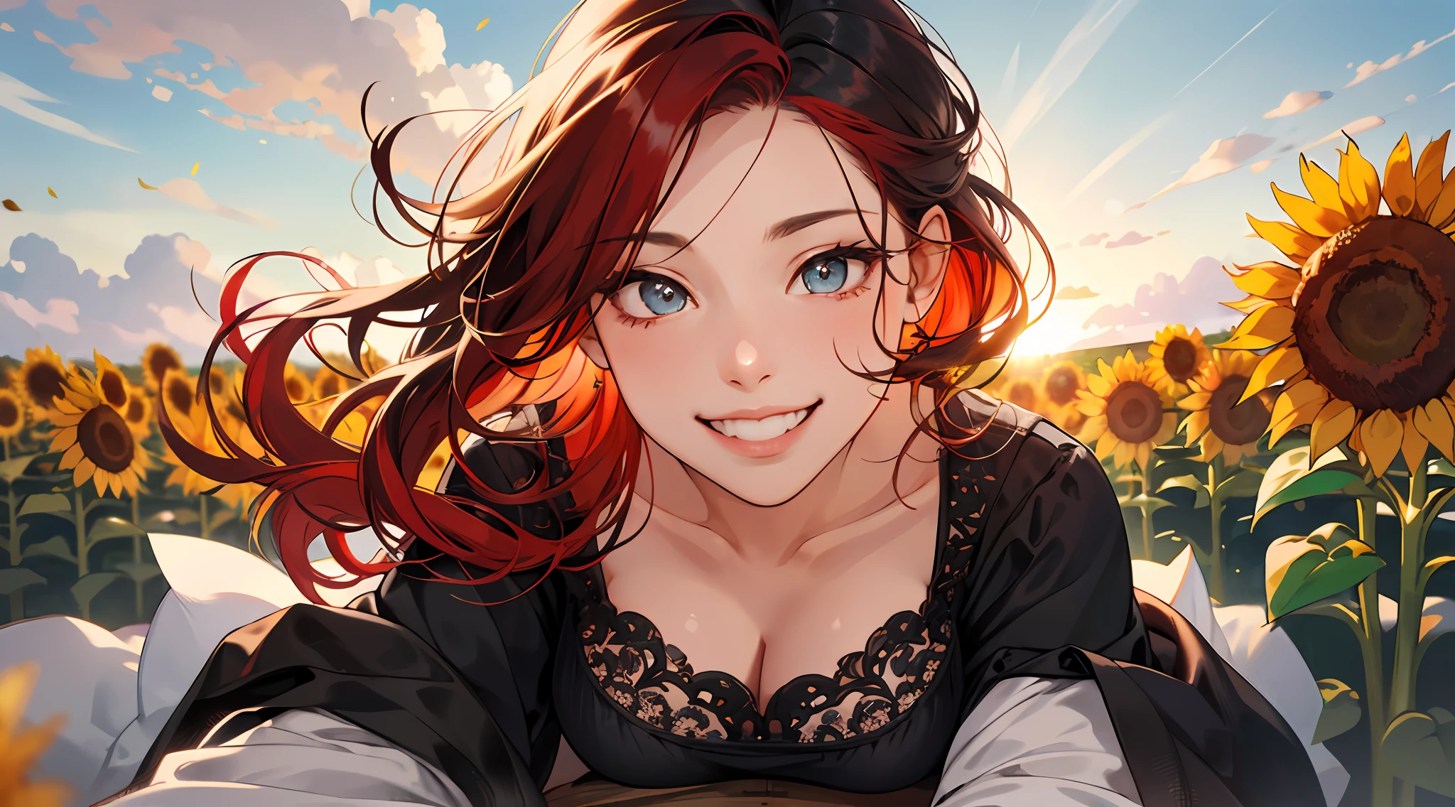 (absurd, highres, ultra detailed), 1girl, full body, cowboy shot, mature woman, intricate details, enlarged textures, intricate details, finely detailed eyes and detailed face, intricate details, black hair, (smiling mouth),farmer girl, sunflower fields, red hair, nsfw, transparent clothes