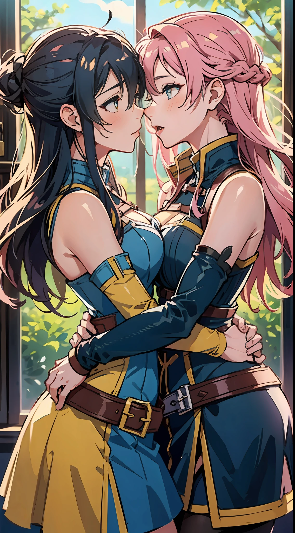 2 girls kissing and hugging, they are Fie Claussell and Sara Valestein (From Cold Steel Trails 4), Masterpiece, best quality, 8k, Fogo afiado, profundidade de campo, melhores sombras, luzes perfeitas, HDR, textura de pele realista, fundo hiper detalhado, em uma sala de guilda de bracers, Yuri Arte, Arte Ecchi, amor, Beautiful, anatomia perfeita, perfect body proportions, perfect hands with 5 fingers, olhos super fofos, olhos perfeitos, Fie claussell tem cabelos brancos, Sara Valestein tem cabelo rosa avermelhado, romantic moment, corar, ((sexy sleeveless clothes))