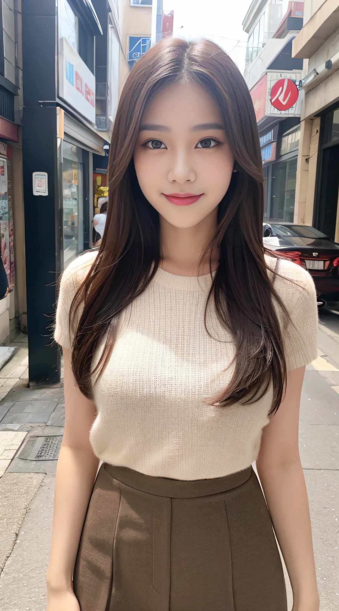 ((Best Quality, 8K, Masterpiece: 1.3)), 1 girl, smile, full body, slim face, pretty woman, (dark brown hair), short skirt :1.1, super detailed face, detailed eyes, double eyelids, blurred background, slim face, city, outside, street,