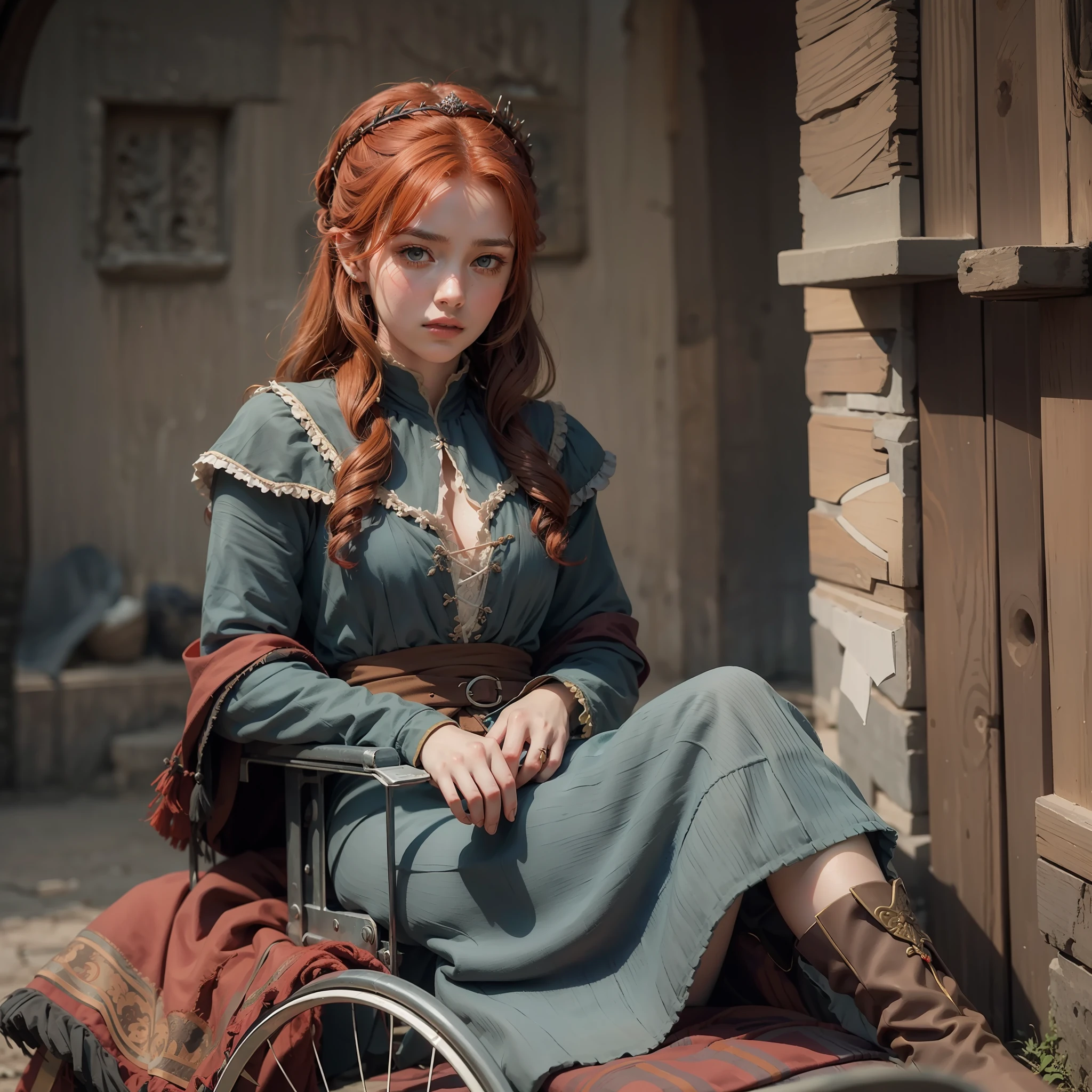 uma princesa ruiva, sentado na cadeira de rodas, vestindo roupas medievais, melancholic, Estilo Game of Thrones
