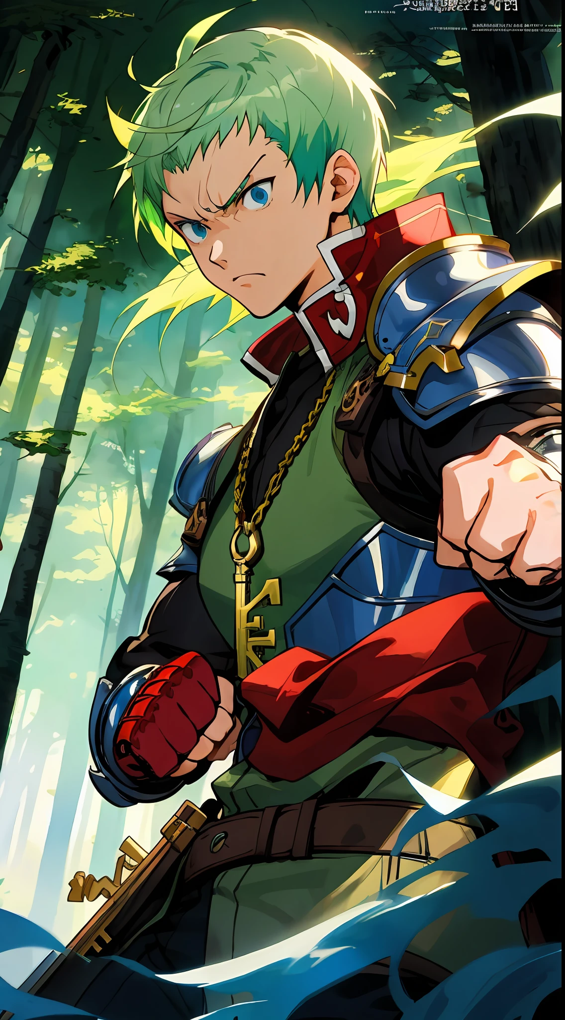 (1man), akihiko yoshida art style, key visual art by yoshitaka amano, original character of light green hair man, with blue eyes, wearing a dark armor, facing the camera, agressive fighting stance, fist, no weapon just fist, masterpiece artwork, character design, forest background