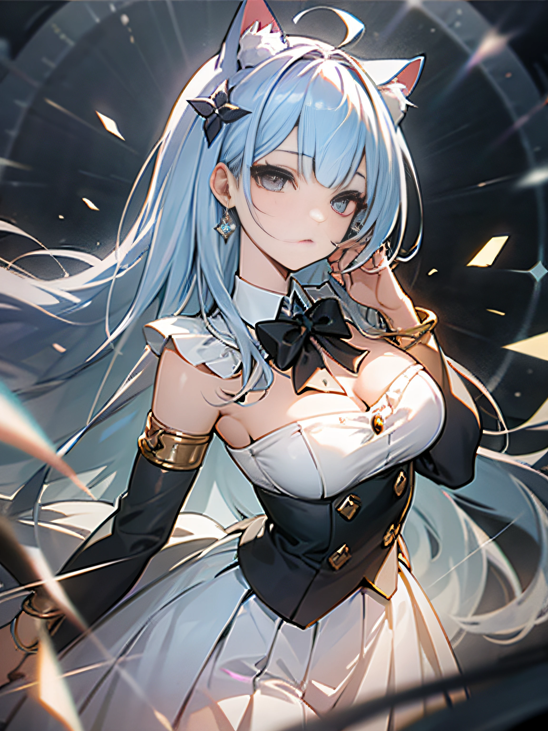 masterpiece, best quality, illustration, floating hair, chromatic aberration, caustics, lens flare, 
dynamic angle, portrait, 1girl, solo, cute face, 
hidden hands, asymmetrical bangs, beautiful detailed eyes, eye shadow, huge clocks, glass 
strips, floating glass fragments, colorful 
refraction, beautiful detailed sky, dark intense shadows, cinematic lighting, overexposure, 
expressionless, blank stare, big top sleeves, frills, 
hair ornament, ribbon, bowtie, buttons, small breasts, pleated skirt, sharp focus, masterpiece, 
best quality, extremely detailed, colorful, hdr, 
cat ears, cat girl, silver hair, white dress, black dress, long dress, diamond (gemstone), 
anklet, mole, bracelet, armlet, large breasts, thick 
thighs, aged up