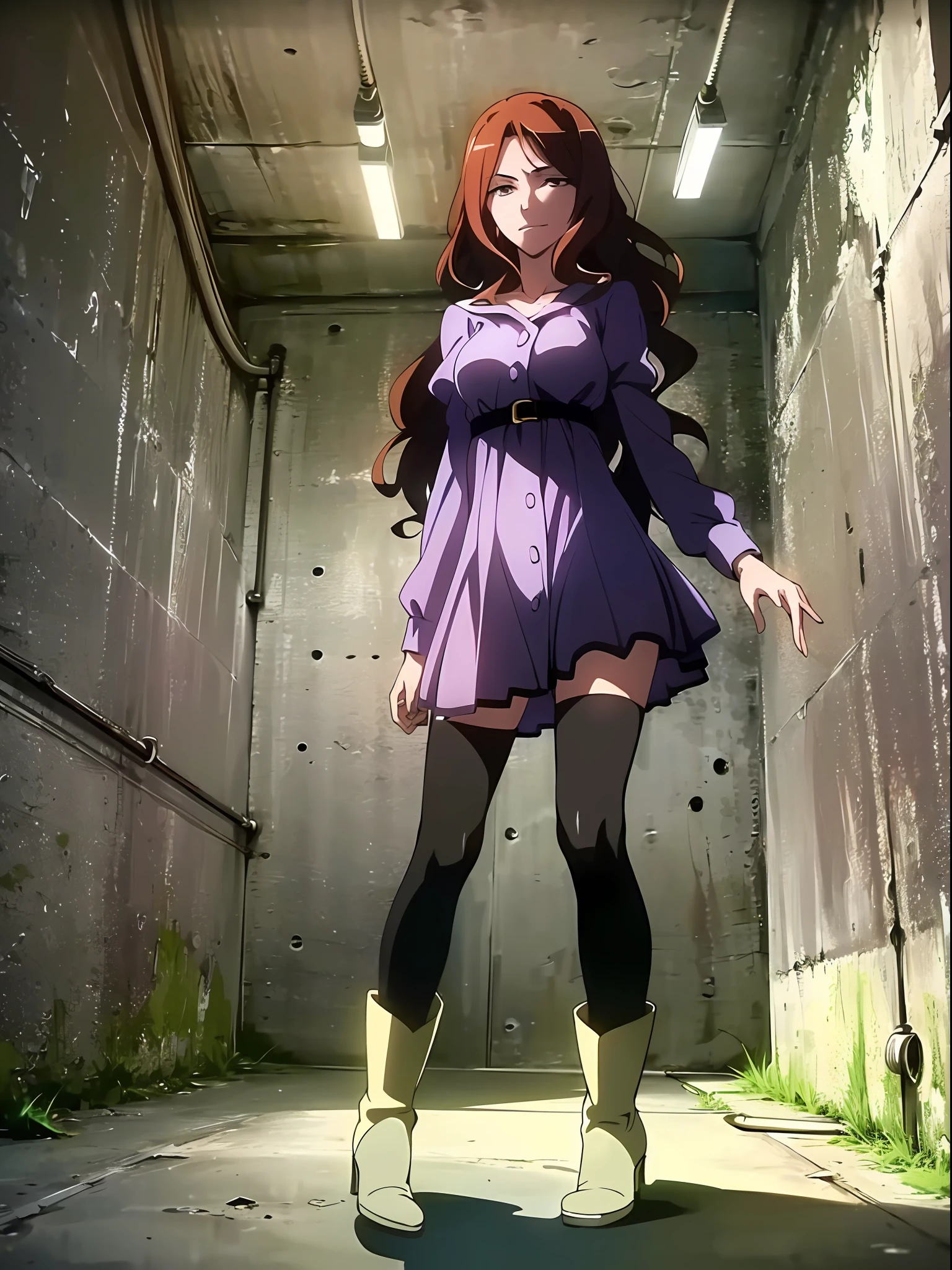 (((expressionless))),((smile)),((white boots)),((simple white background)),((((warm light)))),(at night),((((dramatic shadows)))), ((orange light)),(((standing pose))),angle from below, 
highres, shizuri1, 1girl, solo, thighhighs, brown hair, long hair, brown eyes, black thighhighs, purple dress,,(((abandon factory))),
((((((((masterpiece)))))))), best quality, highly detailed, extremely detailed CG unity 8k wallpaper,illustration,sfw,
indoor,((((abandon factory)))),(at night),spotlight,(((grey background))),(grey wall),wire,pipe,(night),