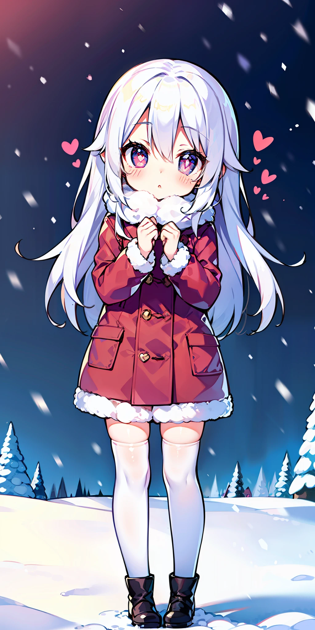 Loli, long hair, cute, heart-shaped pupils, solo, white hair, blush, winter, snow, outdoors, white stockings, standing