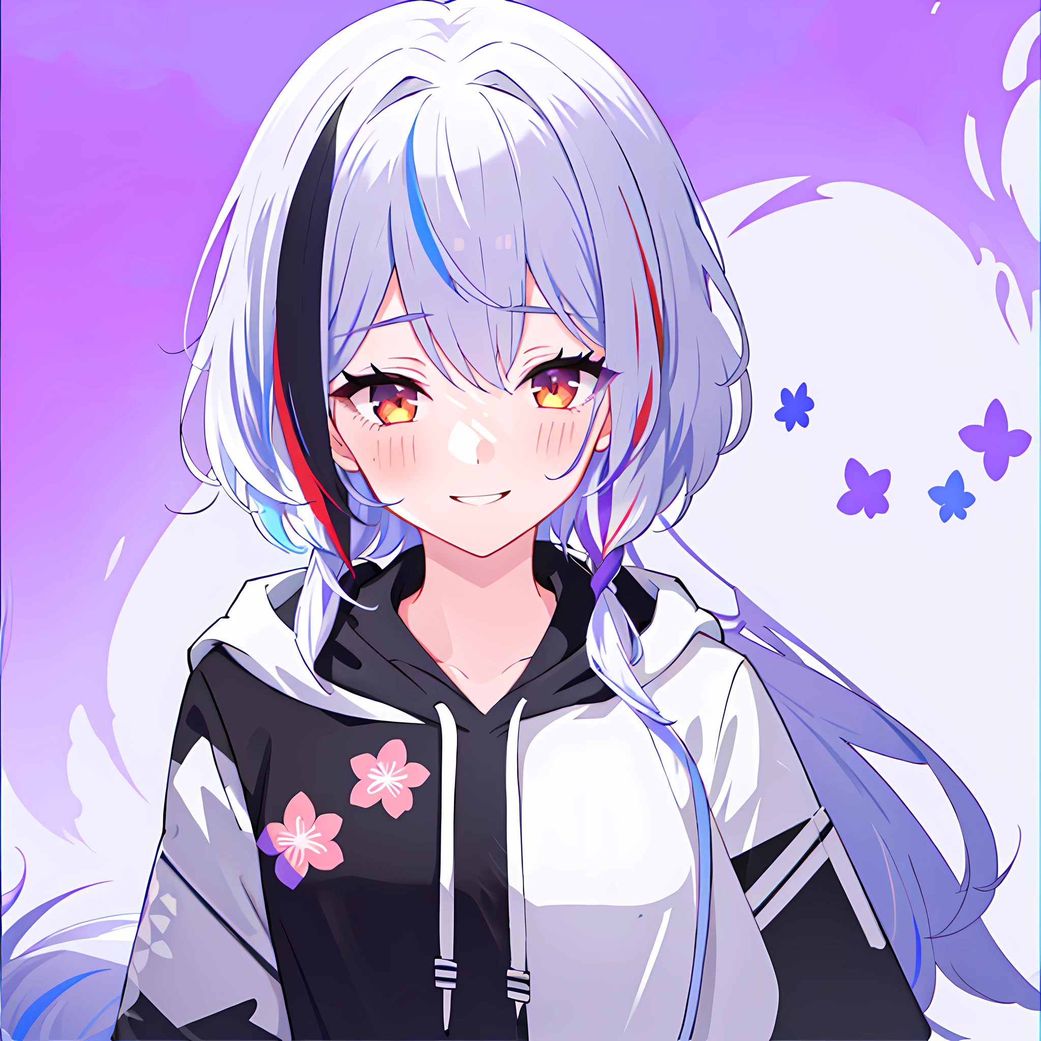 masterpiece, best quality, highres, portrait, 1girl, solo, short hair, looking at viewer, multicolored hair, white hair, purple hair, purple hair, red hair, braid, bangs, orange eyes, streaked hair, small breasts, breasts, long sleeves, (black hoodie:1.4), simple background, grey background, blush, smile, floral print on hoodie