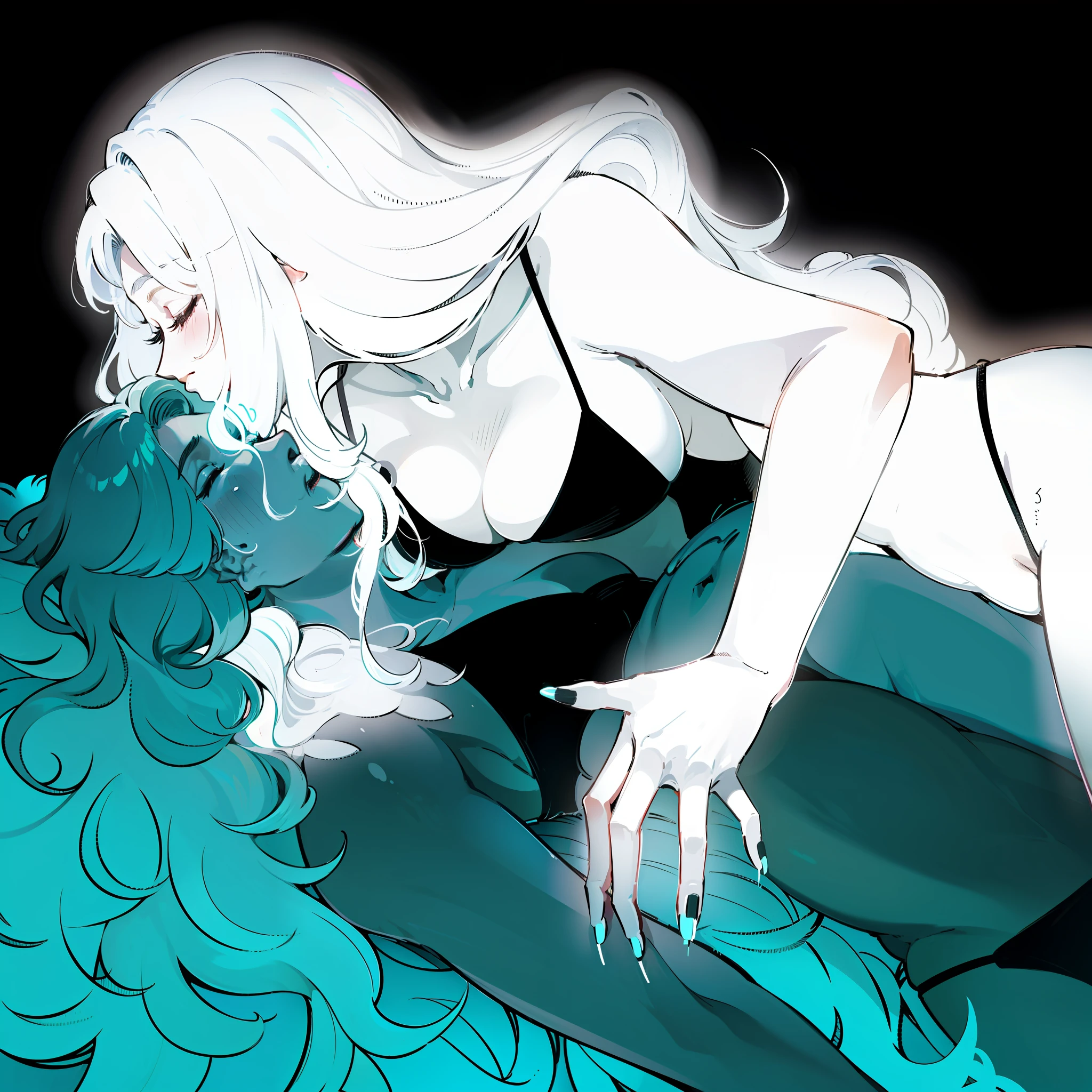 Ridiculous, high resolution, super detailed), 2 girls, (side view, glowing, long straight white hair, holding onto other girl), (laying down, stomach up, long messy glowing curly hair, closed eyes, closed mouth, being held by girl), couple, mature, elegant, highest detail, dark water, black swimsuit, SFW, long sharp nails, long hair