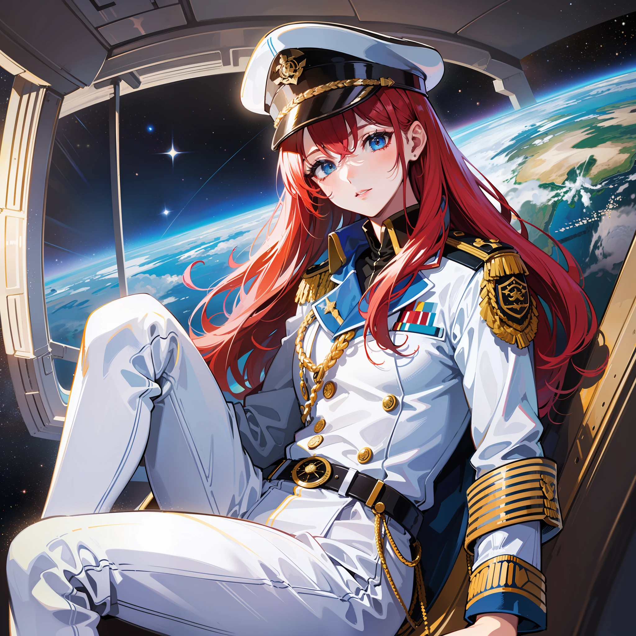 ((Masterpiece)), ((Highest Quality)), ((Best Quality)), (Illustration of One Girl), Full Body, 25 Years Old, Long Red Hair, (Thin Hair on Both Sides of the Face), Blue Eyes, (Tall)), ((Muscular Strong Body)), (Manspreading)), Open Legs, (((Military Uniform)), (Military Hat)), ((Military Coat)), (White Clothes), (White Pants), (White Hat), Trench Coat, ((Inside the spaceship, sitting in the captain's seat)), (outside the window, space, Earth seen from space, spaceport)