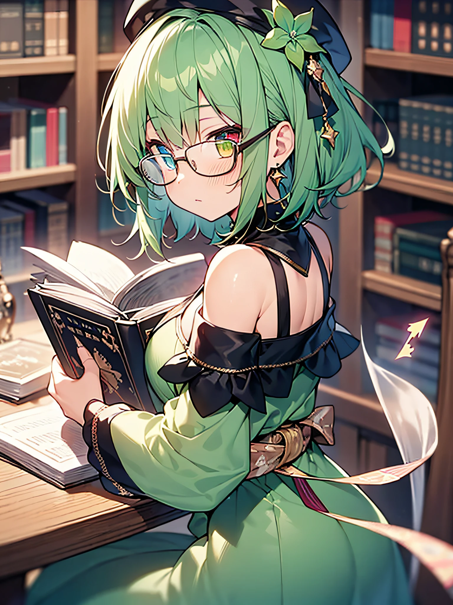 Face Focus,,View from behind,Look back,from behind and be、nape、eyeslashes、long lashes、Maste Piece, Best Quality, , {{Eroge,GameCG,High quality game CG},{{{1girl in}}},{{Maste Piece}}, {{{Best Quality}}}, {{ultra hyper-detailed}}, {{Illustration}},{boobs loli},soul gem,magical little girl,frilld,frilled sleeves,flying books,,frilled sleeves, frilly dress, medium breasts,busty petite, , Green dress,obi,,brooch,The table,{Green hair},,heterochromia iridis,+_+,Sorceress_hat, hat ribbon,,Short hair, hair tubes, , , ,Lily,,, arrow (Symbols),Magic,magic cirlcle,,Sitting,stylish glasses, focused expression, modern attire, library setting, surrounded by shelves of books, holding a magical tome, casting spells, whimsical atmosphere, , Danbooru tags: Glasses, girl, Library, Magic, Boken, Fantasy,Upper body, break (Pale effect),(Pastel effect[pastel]) break