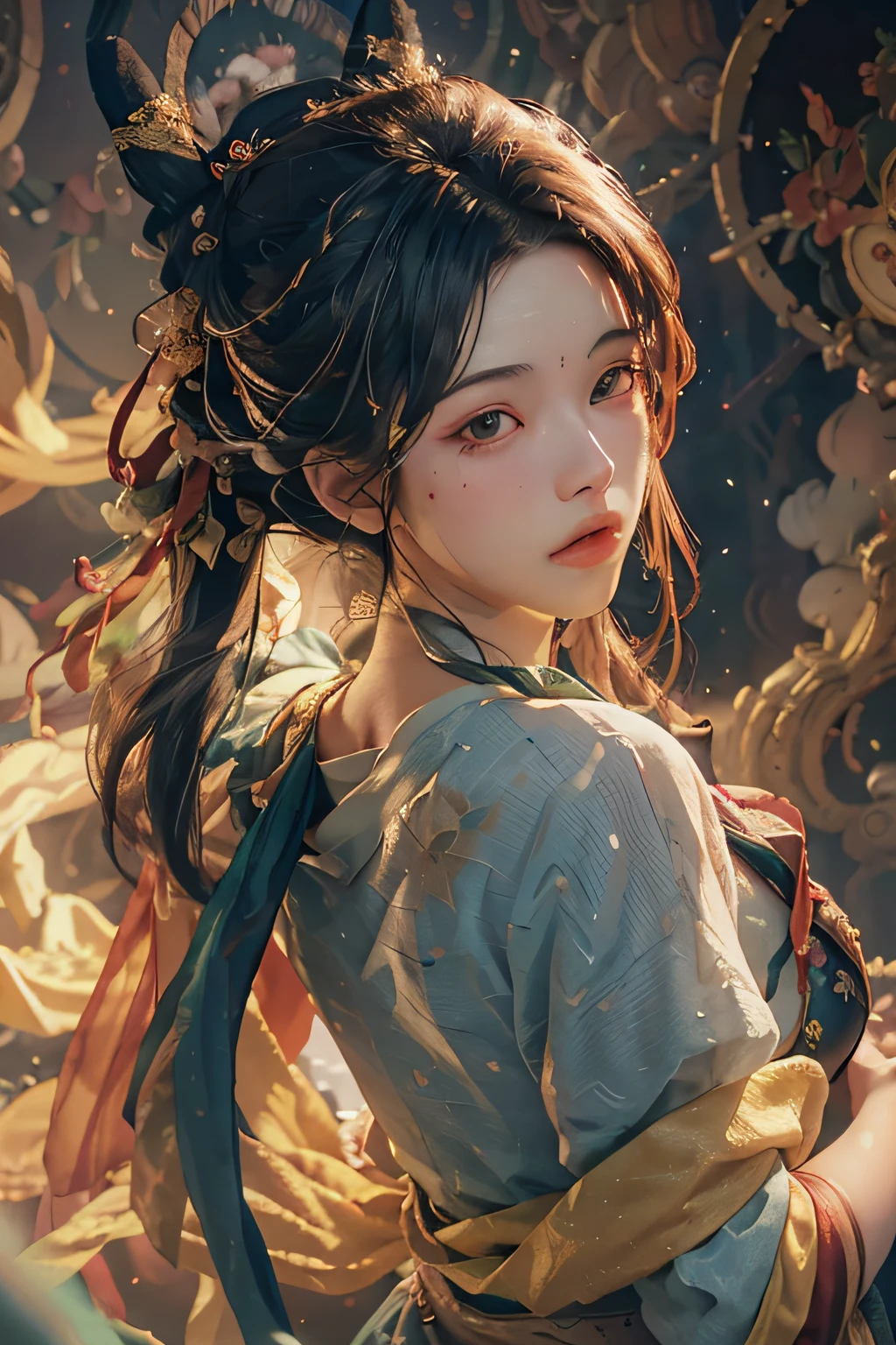 (RAW photo, best quality), (realistic, photo-realistic:1.3),best quality,highly detailed,masterpiece,ultra-detailed,illustration,1girl,upper_body,dynamic angle,world masterpiece theater,messy_long_hair,best quality,extremely detailed CG unity 8k wallpaper,ink,Amazing,cinematic lighting,lens_flare, dunhuang_style