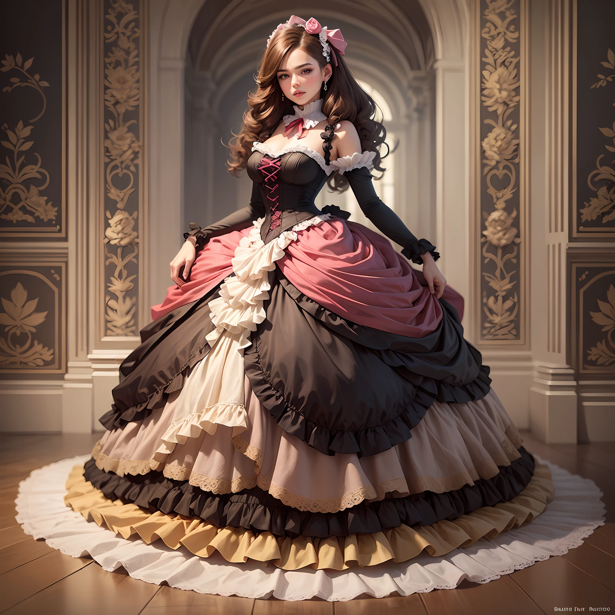 best quality, masterpiece, best definition, artwork, super detailed, many details, details, detailed, woman, 20 years, full body, full body, ball gown, super detailed dress, long dress, dress with many ruffles, dress with many bows, pink bows, victorian dress, detailed victorian dress, victorian dress with bows, pink, ruffles, perfect skin, whole body, brown hair. --auto --s2