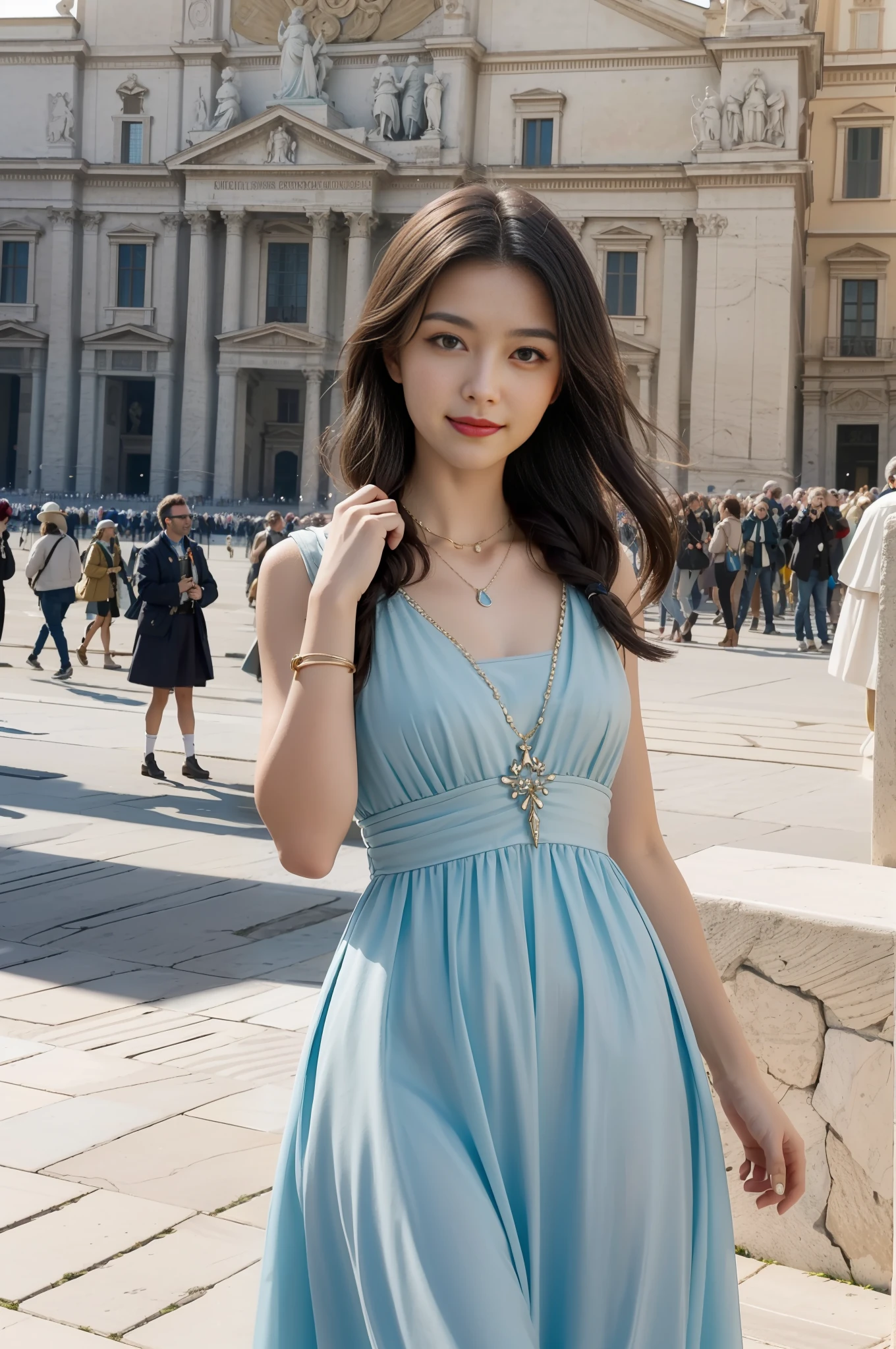 masterpiece, 4K, best quality, FELute, necklace,gorgeous dress, (on the St. Peter's Square of Vatican,crowd),bracers, cowboy shot, looking at viewer, smirk, hand up