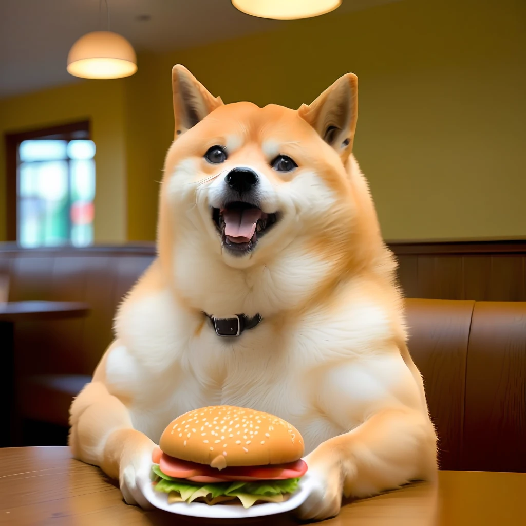 a professional photo of [(((buff Swoledoge))):buff Swoledoge:8], grinning, dog body, eating a large burger in a restaurant, cinematic dramatic light, smooth transition, bokeh