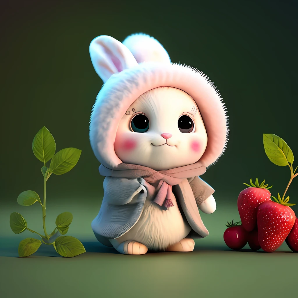: 3. bunny, realistic, furry animal, apple, black eye, blush, cherry, food, fruit, full body, hat, non-human, strawberry, tomato, watermelon