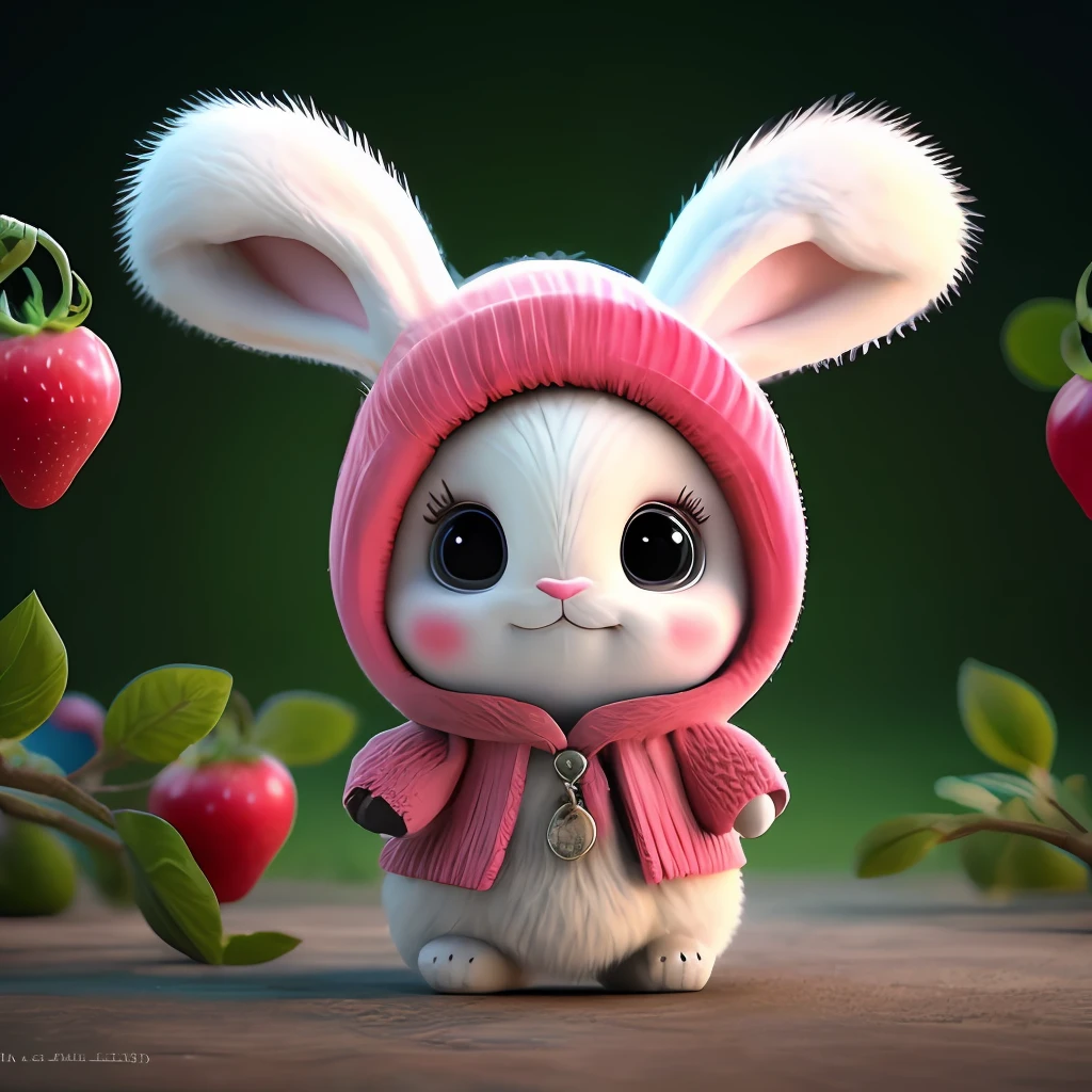 : 3. bunny, realistic, furry animal, apple, black eye, blush, cherry, food, fruit, full body, hat, non-human, strawberry, tomato, watermelon
