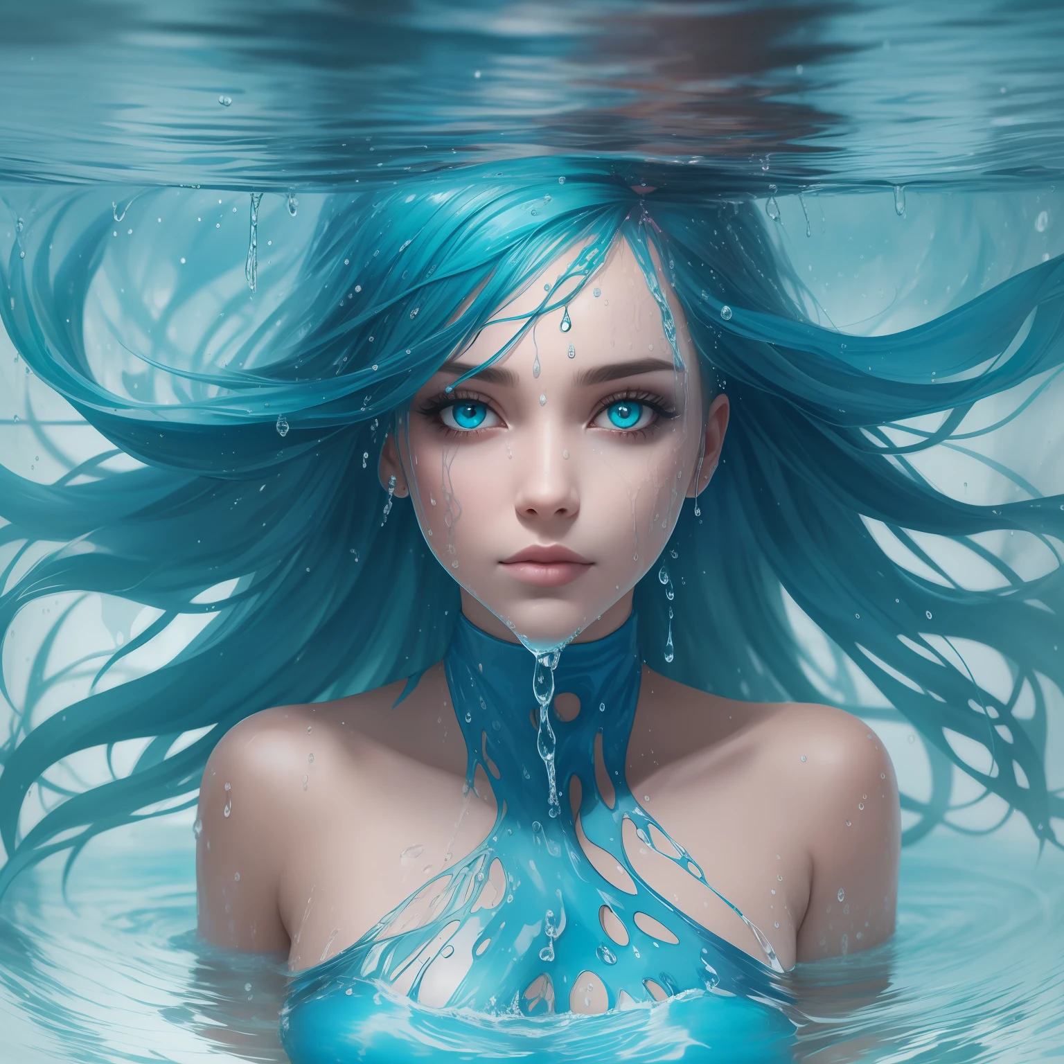 a half body portrait of a woman as made of water, half body submerged in water, at a lake, turquoise hair depicting as waterfall, wet, drops of water on the face and body, natural body posture, rain, Art by Alberto Seveso, symmetrical, abstract art style, intricate complex watercolor painting, sharp eyes, digital painting, color explosion, concept art, voluminetric lighting, metallic reflections