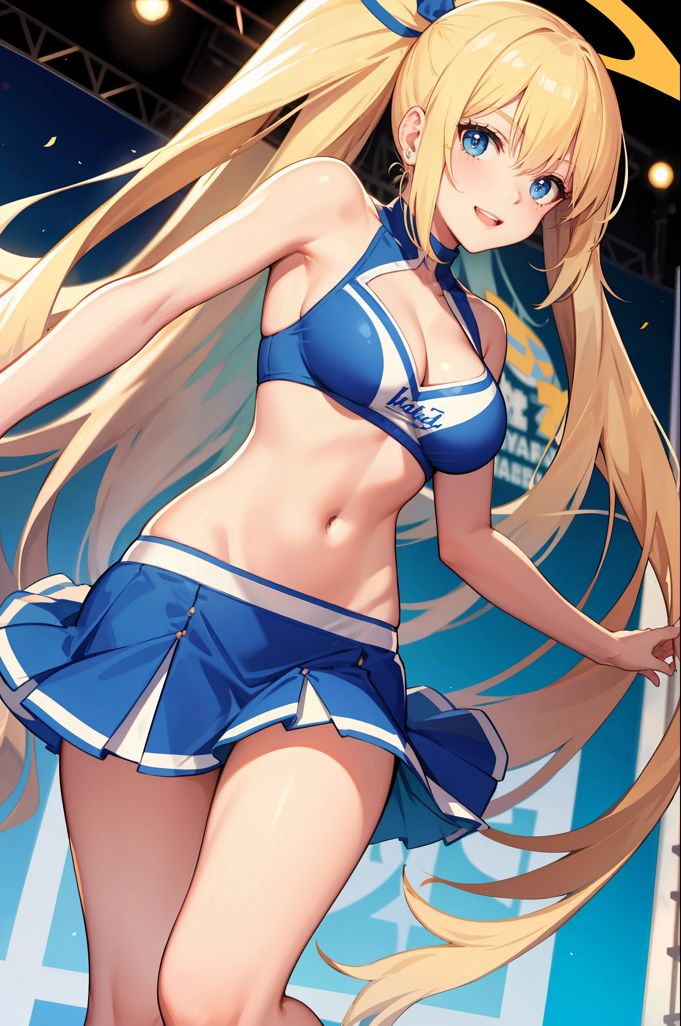 masterpiece, best quality, long hair, medium breast, cleavage, navel, slim legs, morgan fate blonde hair, stage, cheerleader, happy, short skirt