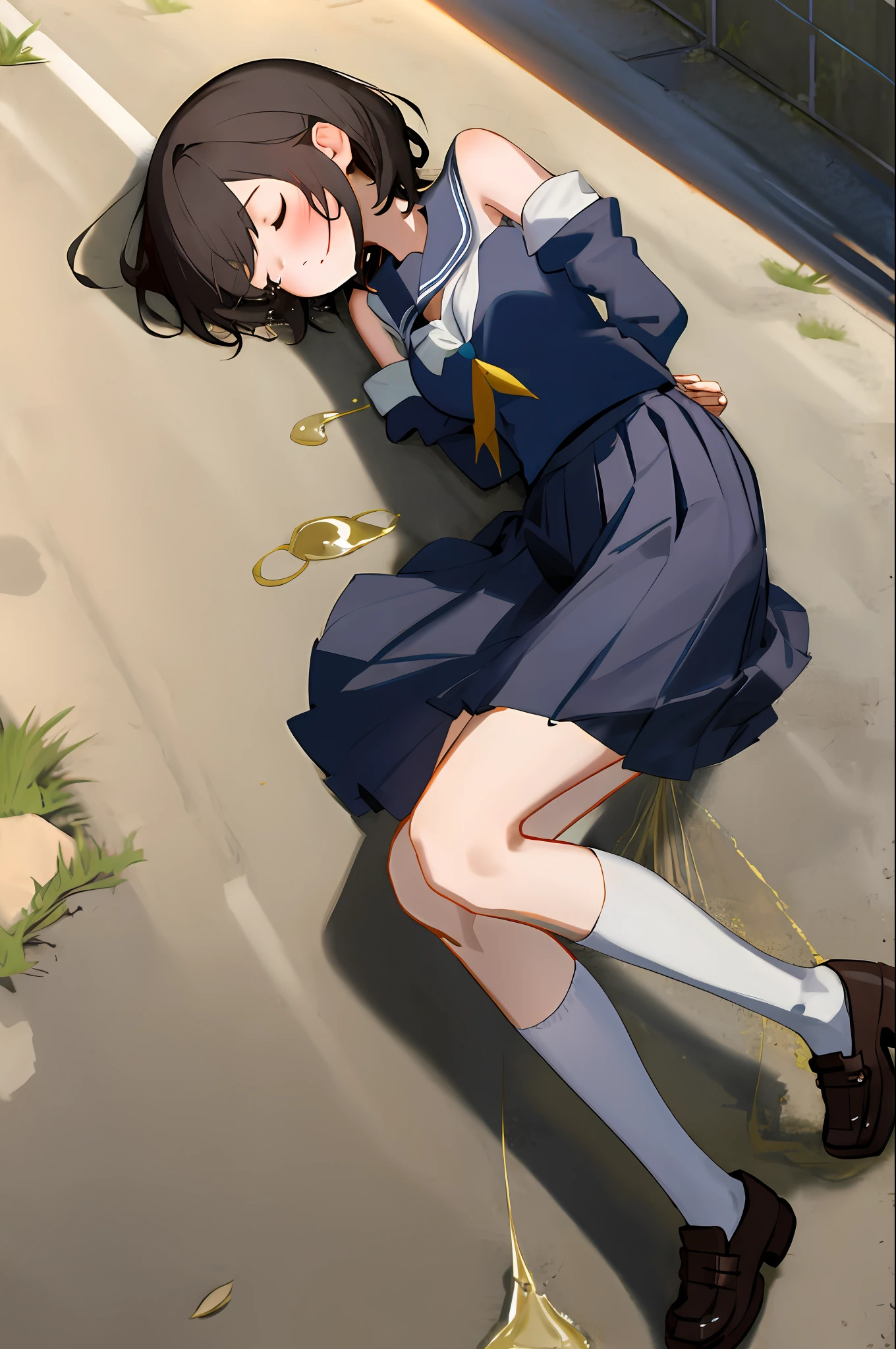 Two short hairs、Girl in school uniform、mini-skirts、knee sox、Dark hair、Look away、embarrassed from、blushing、Crying、Keep your mouth shut、Back alley(A girl is leaking pee)、Exposed cleavage, Sexy, paint drops, plein air, Exposed shoulders, Tears, Sexy, shoulders can be seen, Thighs exposed, half、s asleep、lying on be、