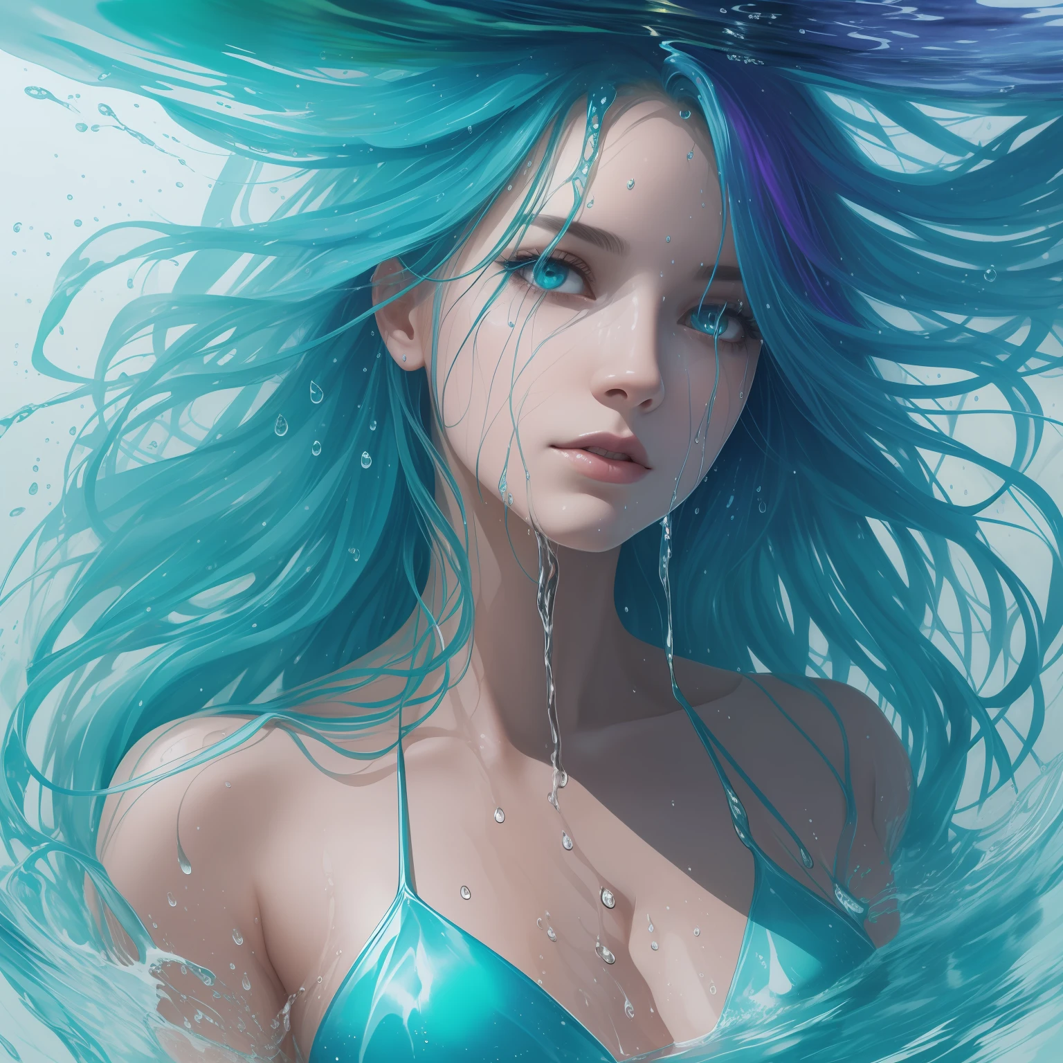 a half body portrait of a woman as made of water, half body submerged in water, at a lake, turquoise hair depicting as waterfall, wet, drops of water on the face and body, natural body posture, rain, Art by Alberto Seveso, symmetrical, abstract art style, intricate complex watercolor painting, sharp eyes, digital painting, color explosion, concept art, voluminetric lighting, metallic reflections