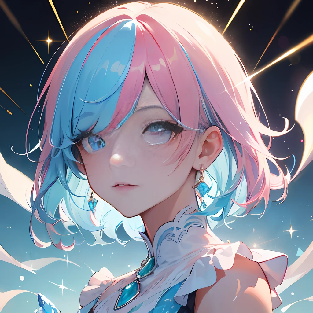 (best quality:1.3),4k,8k,8k portrait,16k,(masterpiece:1.2),1girl,solo,(Maximalism:1.5),opal,ultra detailed,absurdres,
super cute girl,(medium hair:1.2),pink eyes,light blue eyes,pink hair,(light blue hair:1.3),(is wearing dress:1.3),
(jewelry eyes:1.3),(eyelashes:1.2),(symbol in eyes:1.3),(highres, twinkle,glitter,lens flare,light particles,shining:1.3),