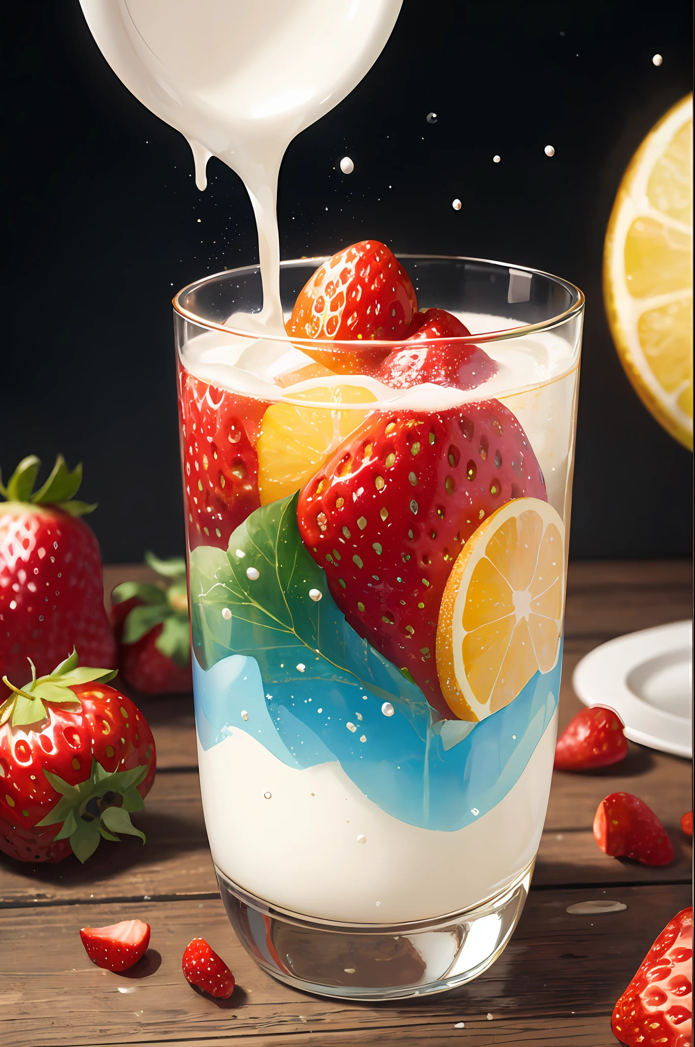 (Magical Photo:1.3) of (Realistic:1.3),(Energetic:1.3) product photography of a strawberries falling into a glass of milk, splash, intricate, epic,(by Artist RHADS:1.3),Highly Detailed,(Provia:1.3)