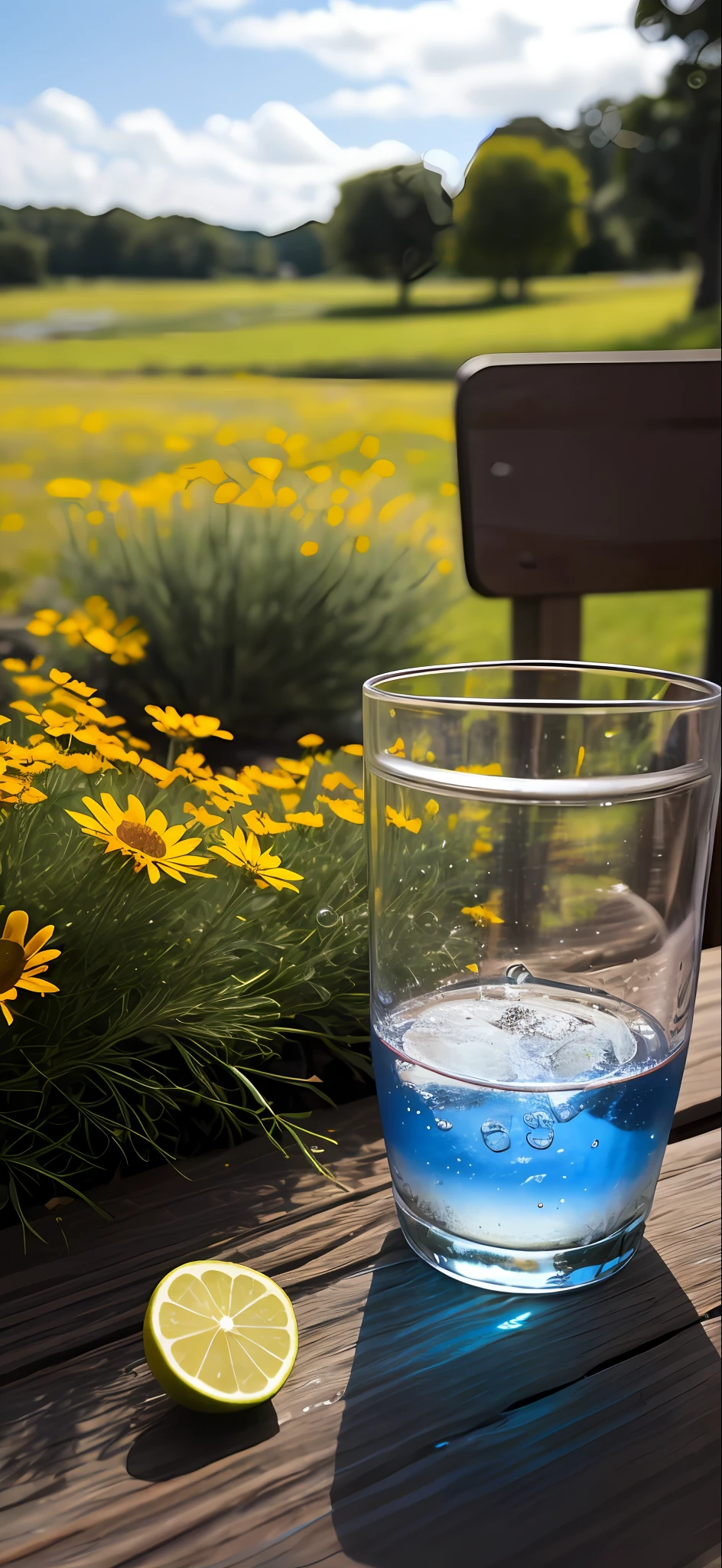A glass with drops of water filled with carbonated drinks, translucent liquid, ice cubes, bubbles, a floral crown of daisies and lavender on picnic tablecloths, midday outdoor lighting, open air, natural background, summer day, hot weather, high detail, very humid humidity, high brightness, wet watermarks, excessive detail, surrealism, soft light, studio lighting, diffuse soft light, shallow depth of field, sharp focus, bokeke effect, light tracking, subsurface scattering, complex soft light, diffuse soft light, highly detailed glass reflection, ultra-thin (ultra-thin), ultra-thin) (thin, ultra-detailed), cinematic, surrealism, hardware, best quality, ultra-high resolution (photorealistic: 1.4), high resolution, detail, raw photography, clear reproduction, 4 kodak portra 400 stock camera, f1.6 lens, realistic texture, spectacular lighting, not a real engine, popular on artstation, cinemas up to 800,