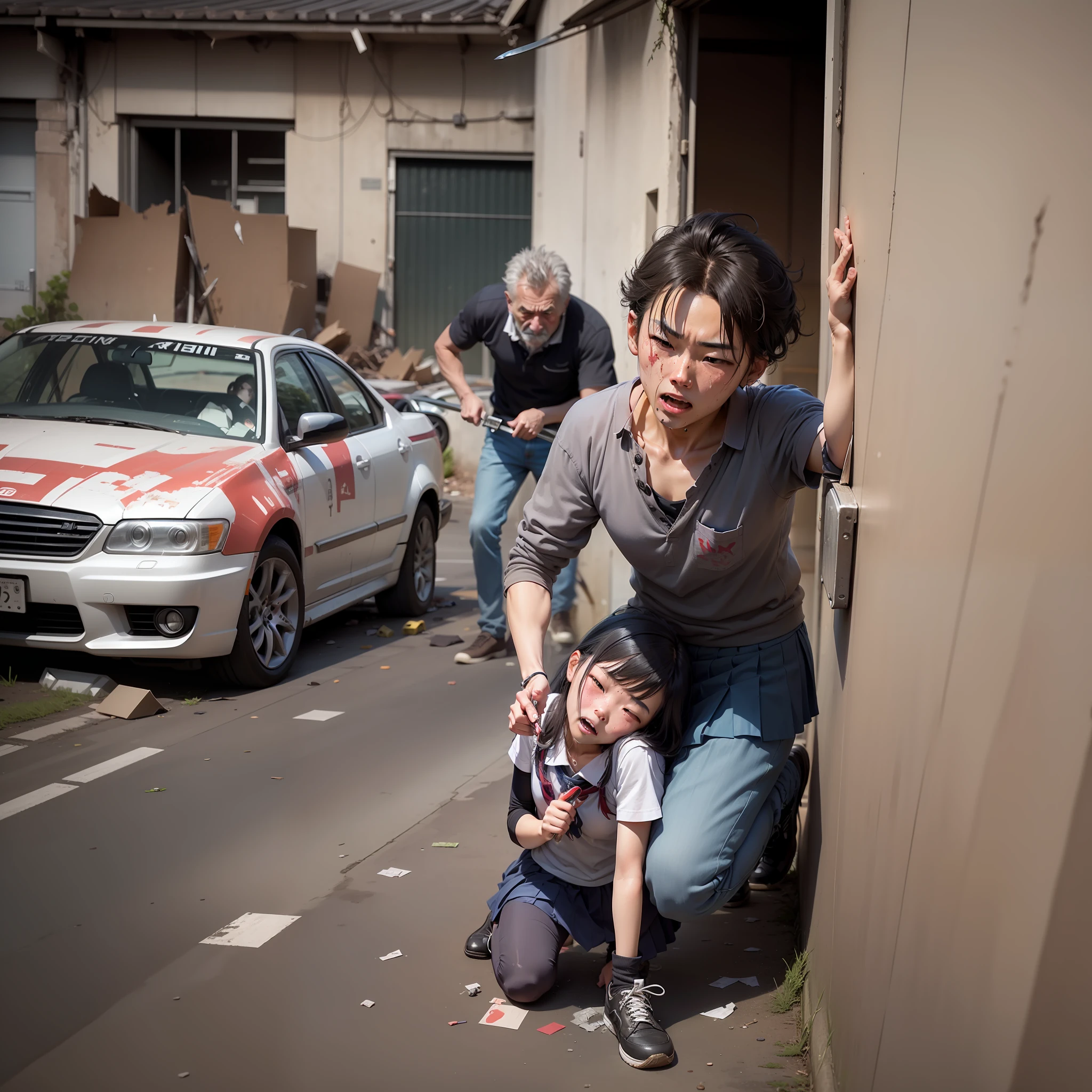 photo, 真实感, A schoolgirl with a knife attacks a homeless man, Garages, Wrecked cars